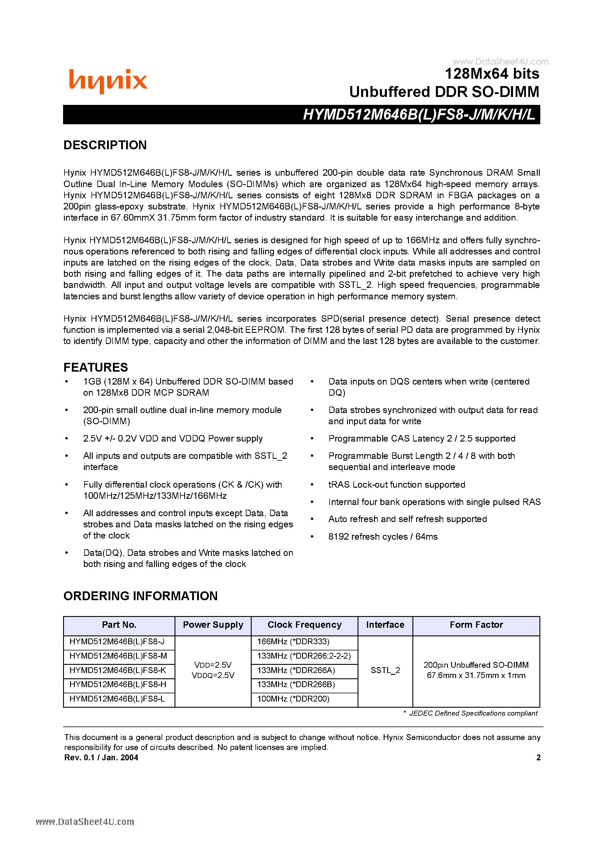 Даташит на микросхему HYMD512M646BFS8-H страница 2 Даташит HYMD512M646BFS8-H - Unbuffered DDR SO-DIMM страница 2