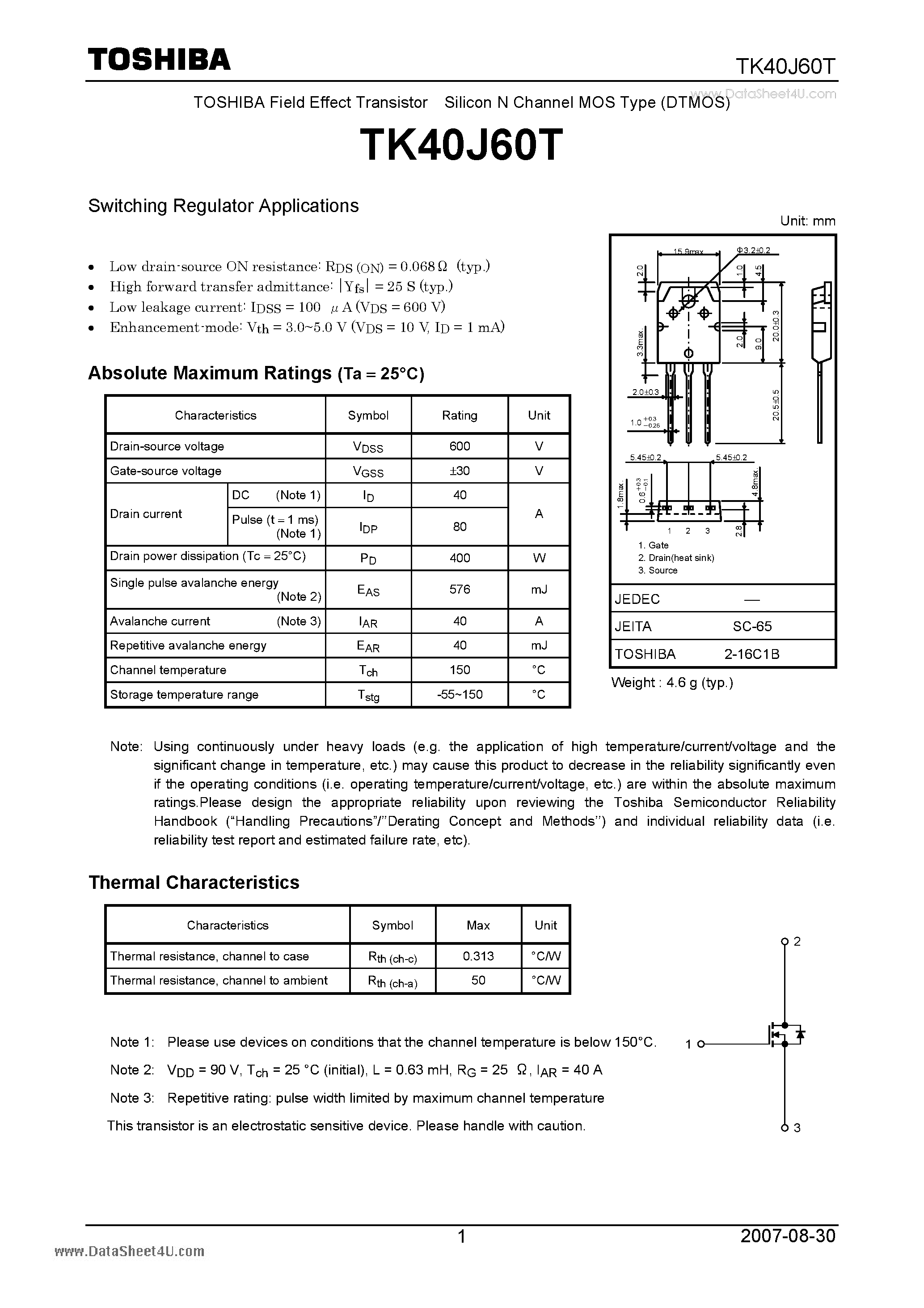 Datasheet TK40J60T page 1 Datasheet TK40J60T - Field Effect Transistor Silicon N Channel MOS Type page 1