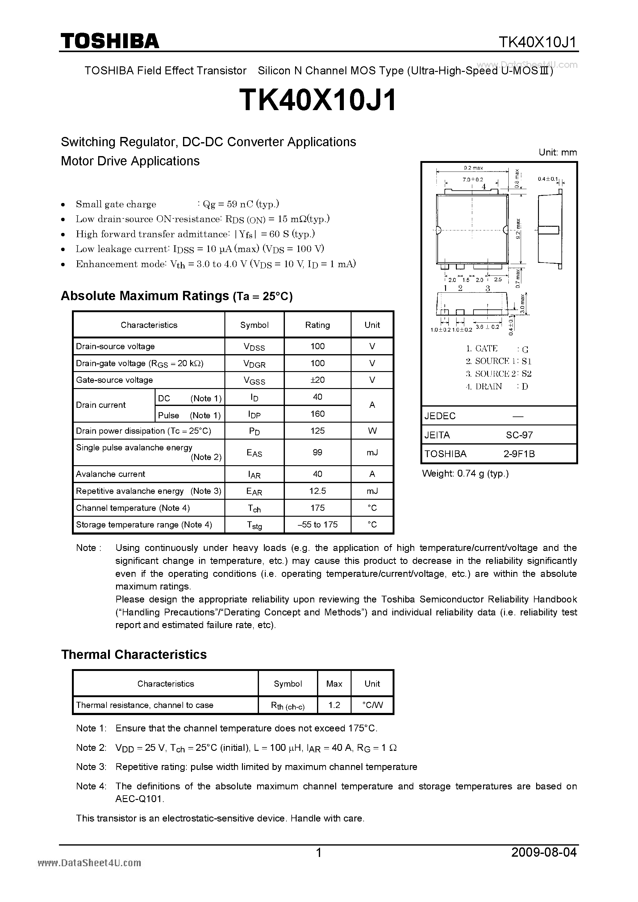 Datasheet TK40X10J1 page 1 Datasheet TK40X10J1 - Field Effect Transistor Silicon N Channel MOS Type page 1