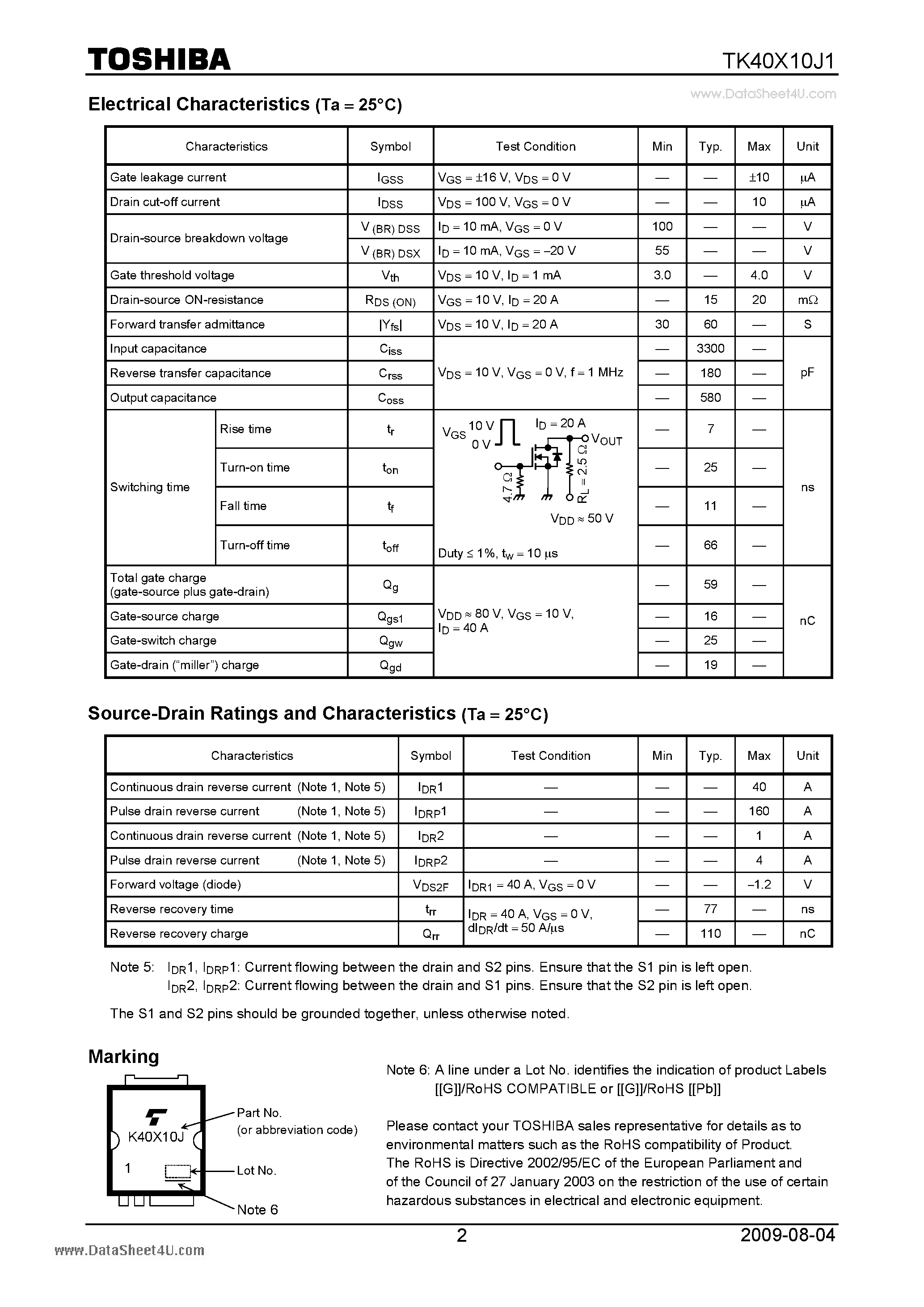 Datasheet TK40X10J1 page 2 Datasheet TK40X10J1 - Field Effect Transistor Silicon N Channel MOS Type page 2