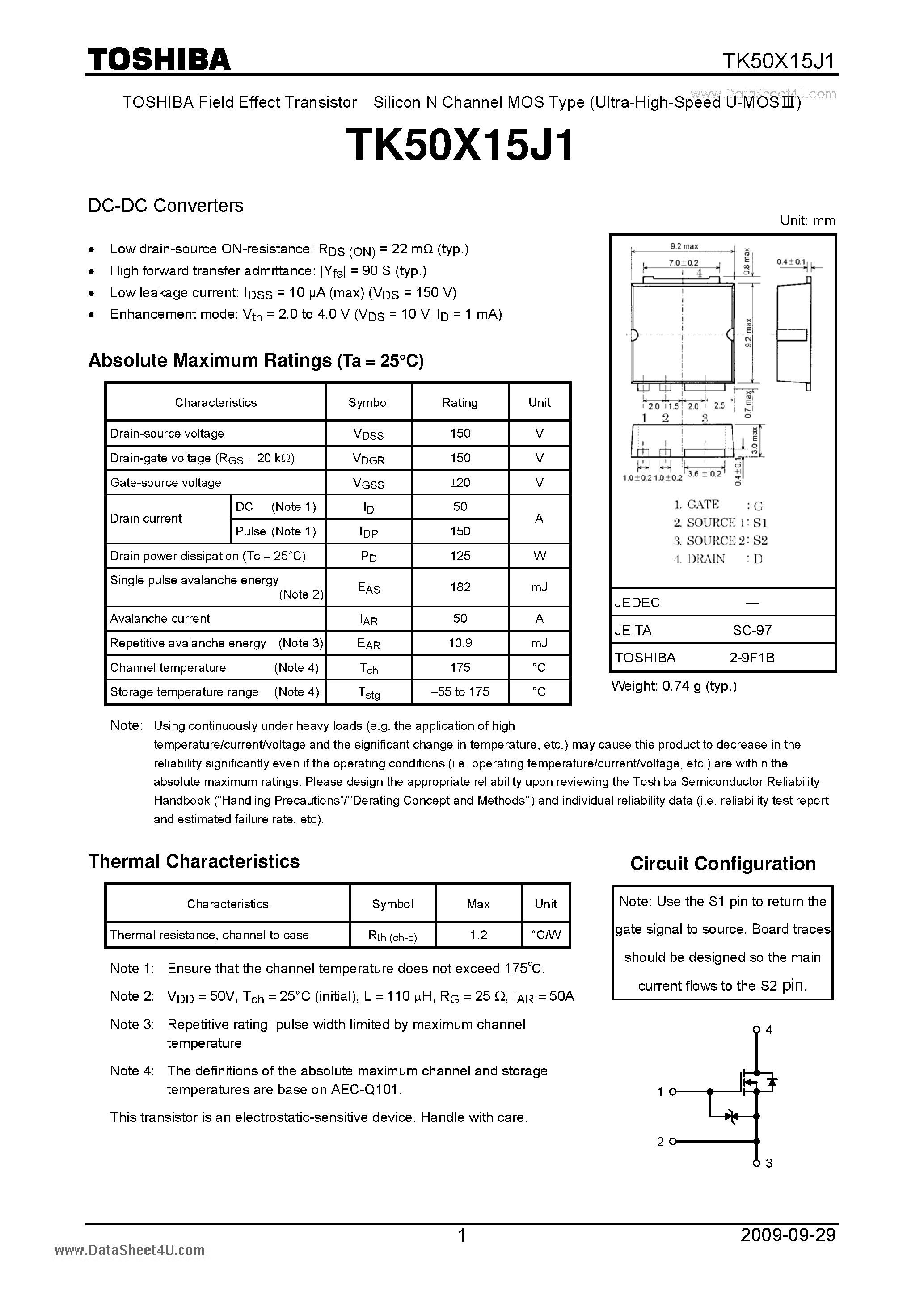 Datasheet TK50X15J1 - Field Effect Transistor Silicon N Channel MOS Type page 1