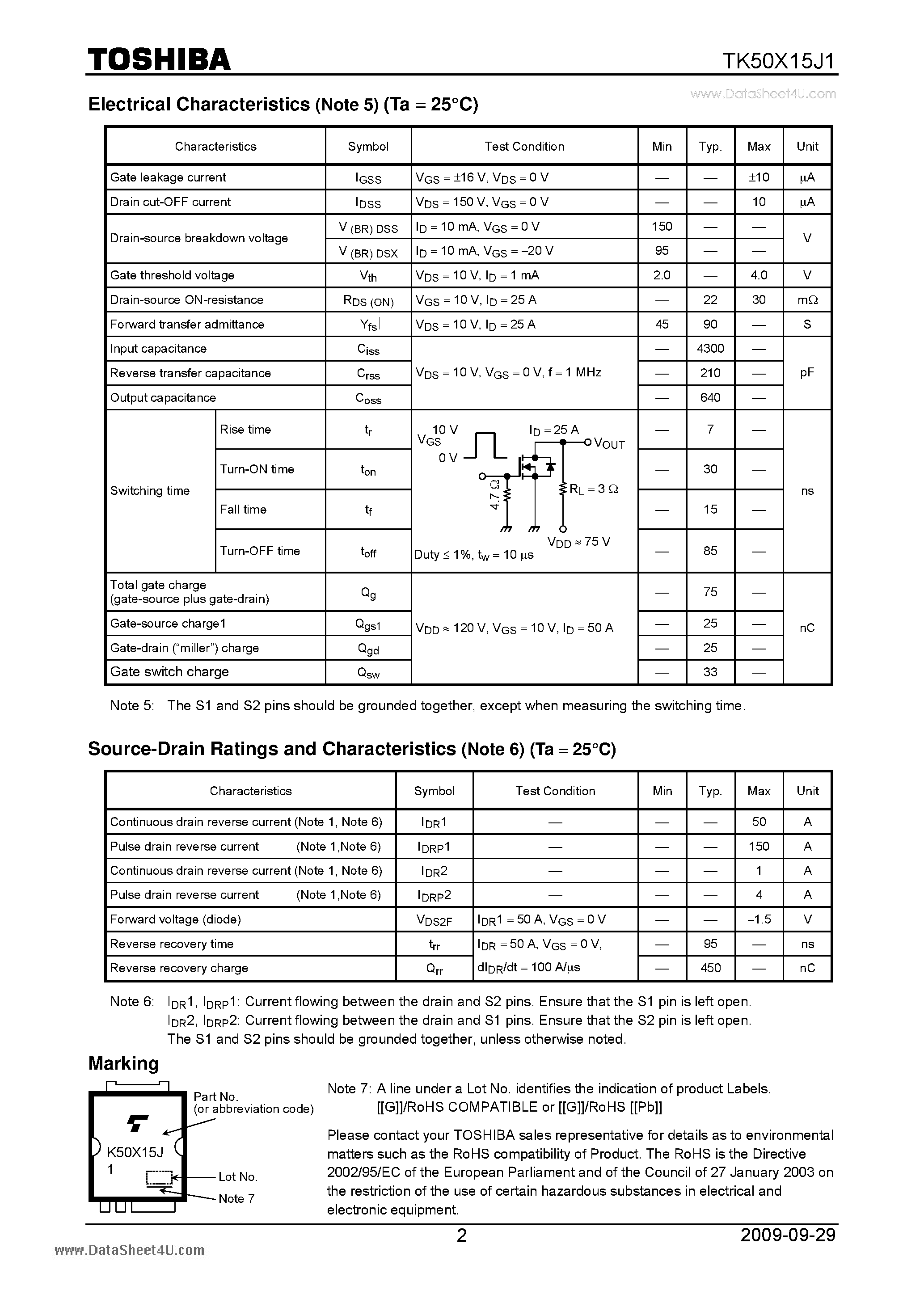 Datasheet TK50X15J1 - Field Effect Transistor Silicon N Channel MOS Type page 2