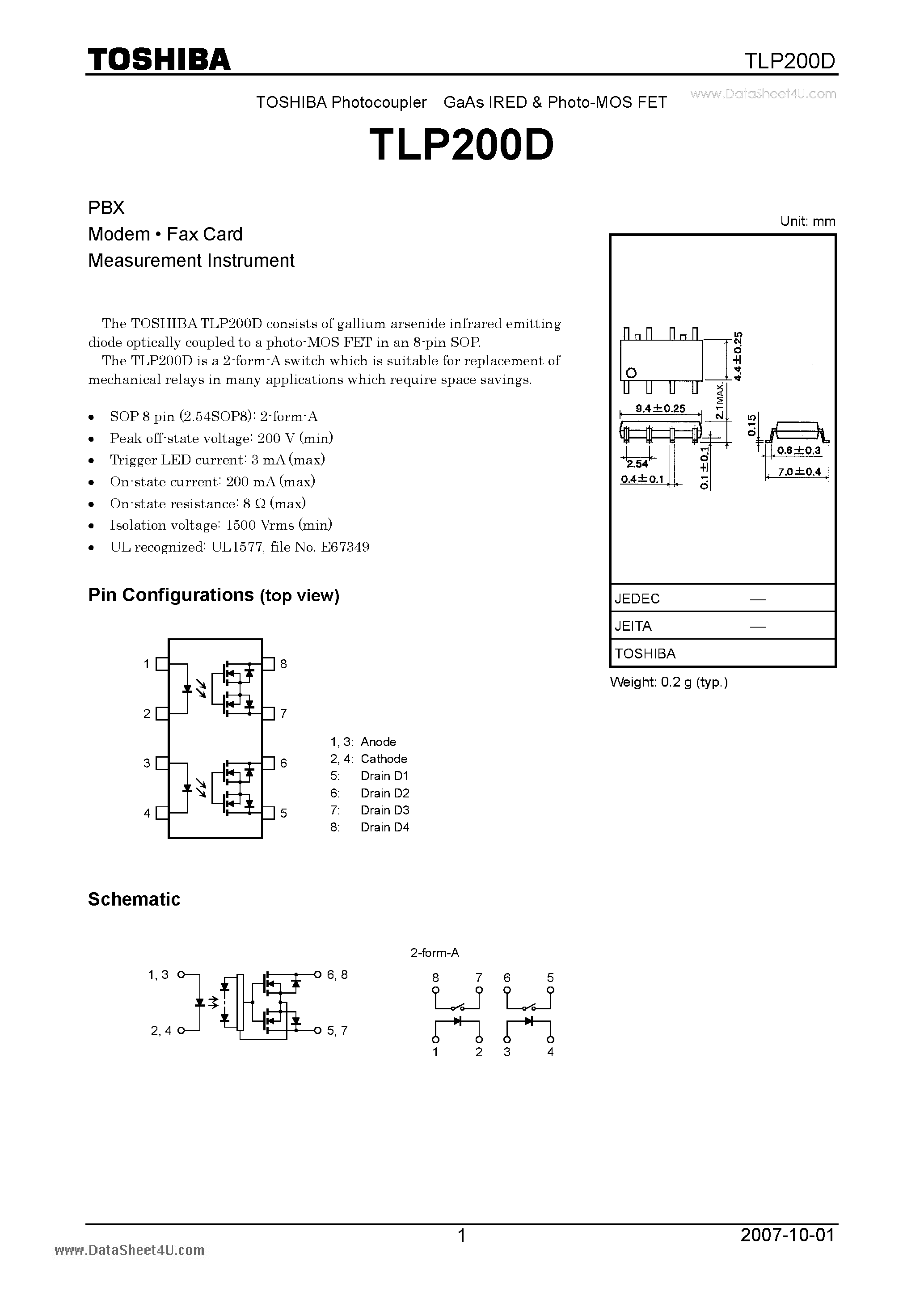 Datasheet TLP200D page 1 Datasheet TLP200D - Measurement Instrument page 1
