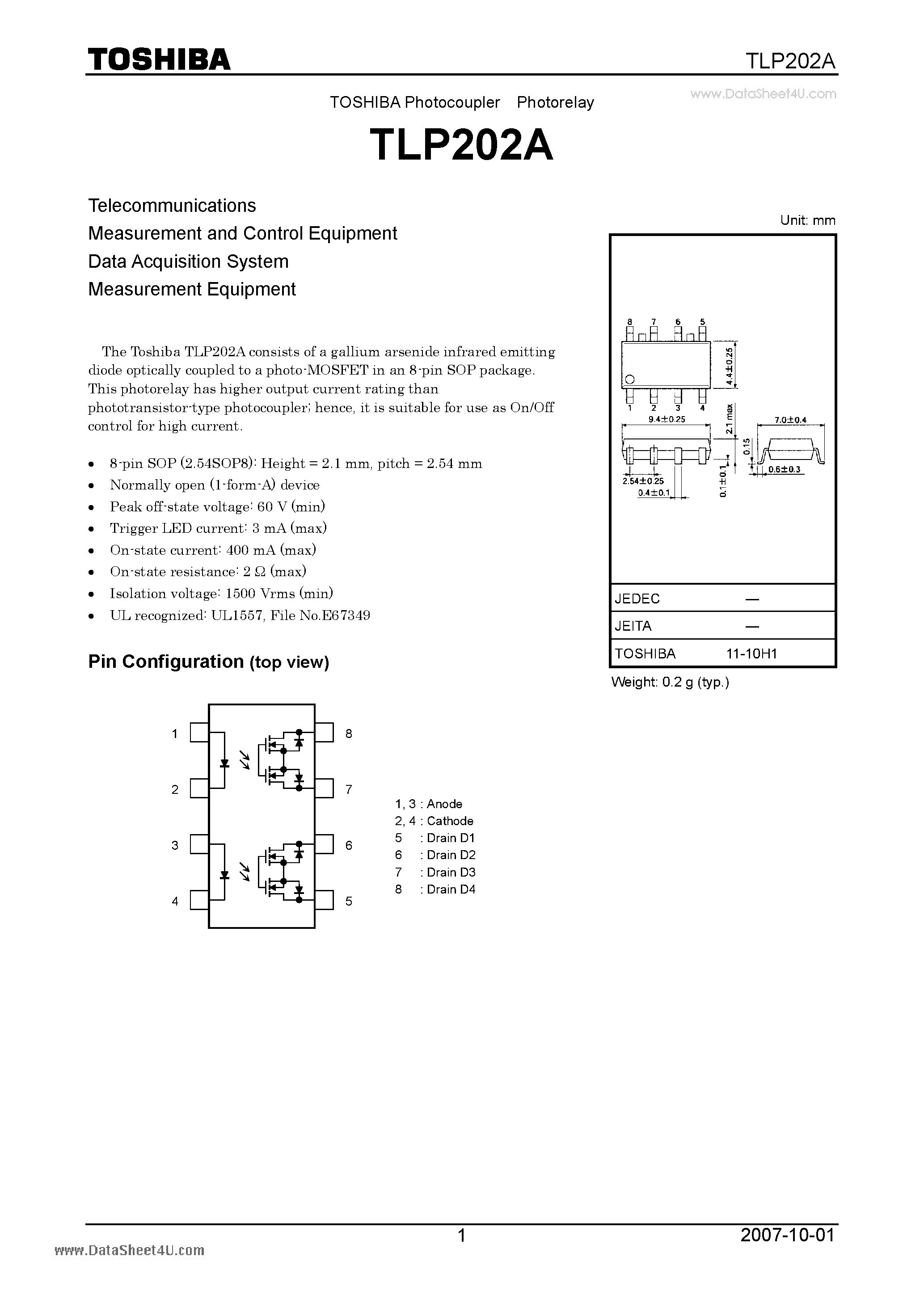 Datasheet TLP202A page 1 Datasheet TLP202A - Measurement and Control Equipment page 1