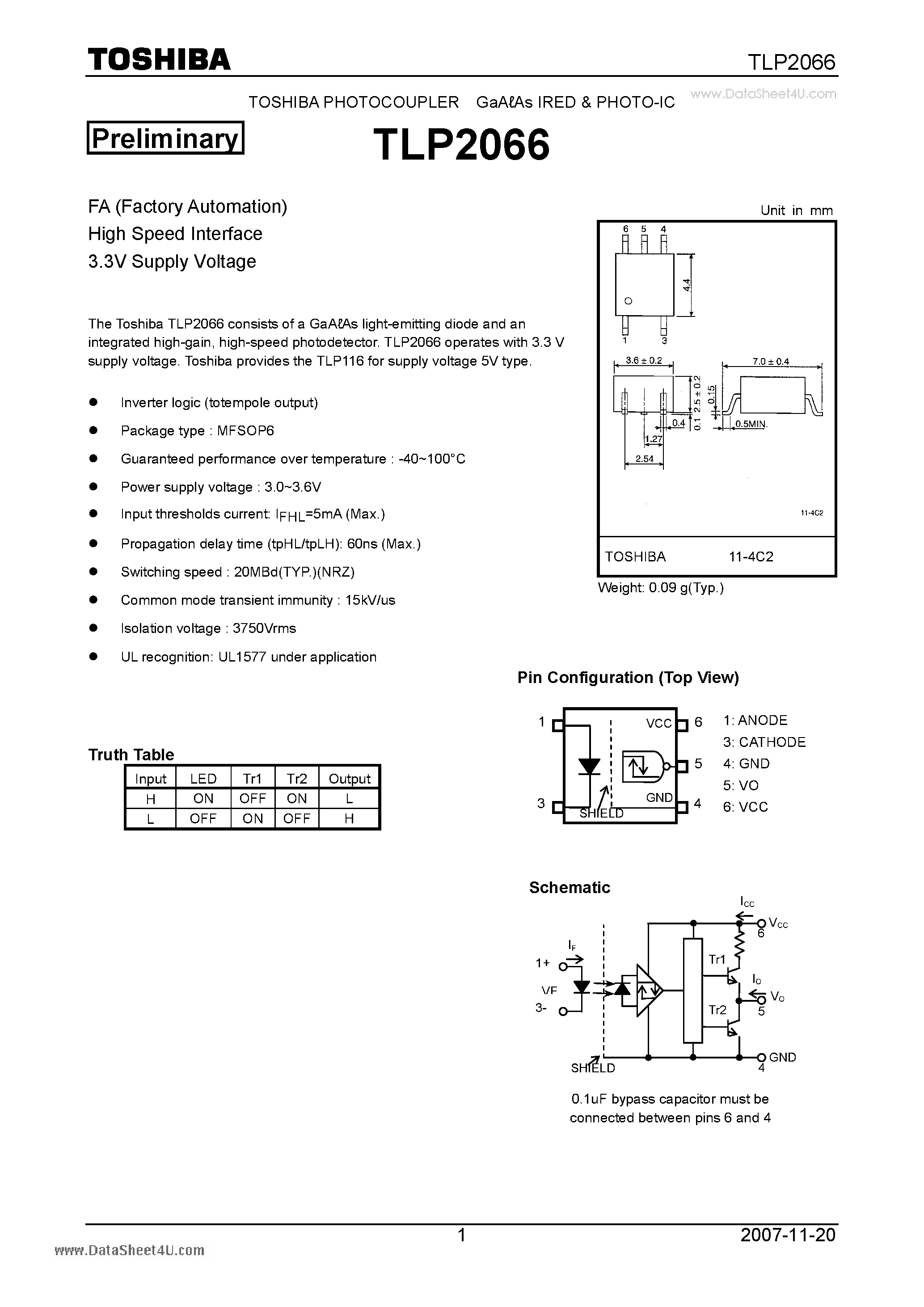 Datasheet TLP2066 page 1 Datasheet TLP2066 - High Speed Interface 3.3V Supply Voltage page 1