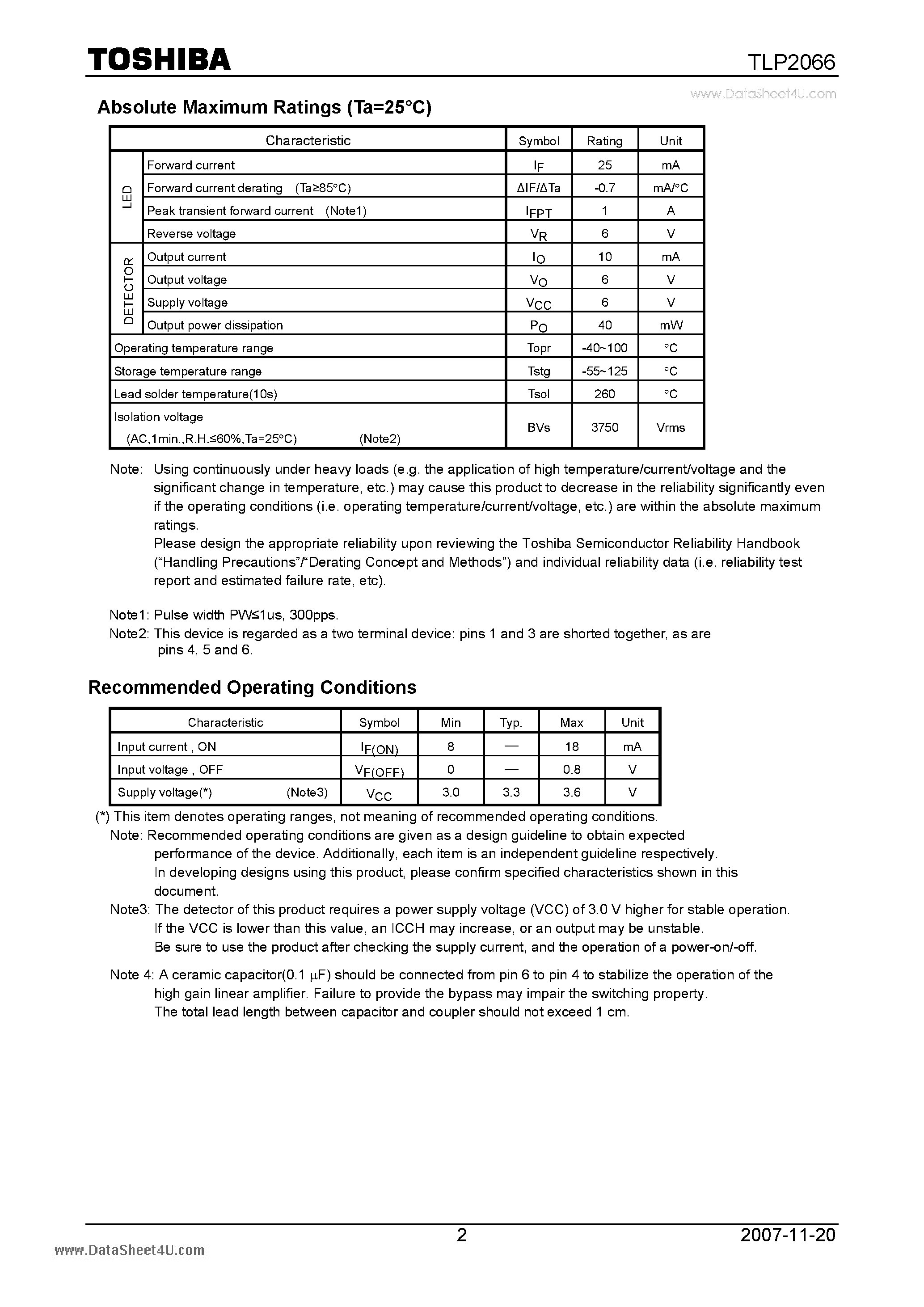 Datasheet TLP2066 page 2 Datasheet TLP2066 - High Speed Interface 3.3V Supply Voltage page 2