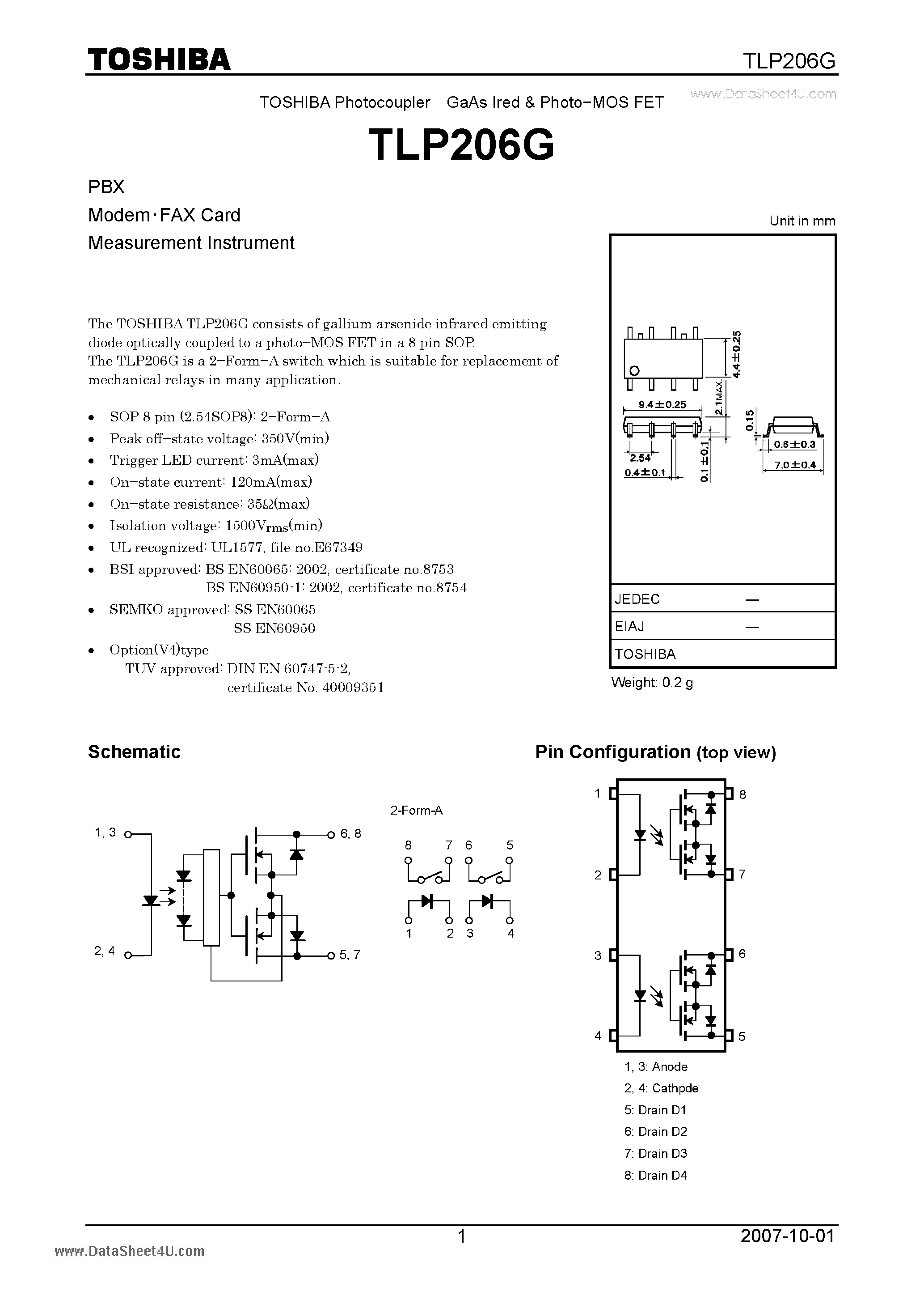 Datasheet TLP206G page 1 Datasheet TLP206G - Measurement Instrument page 1