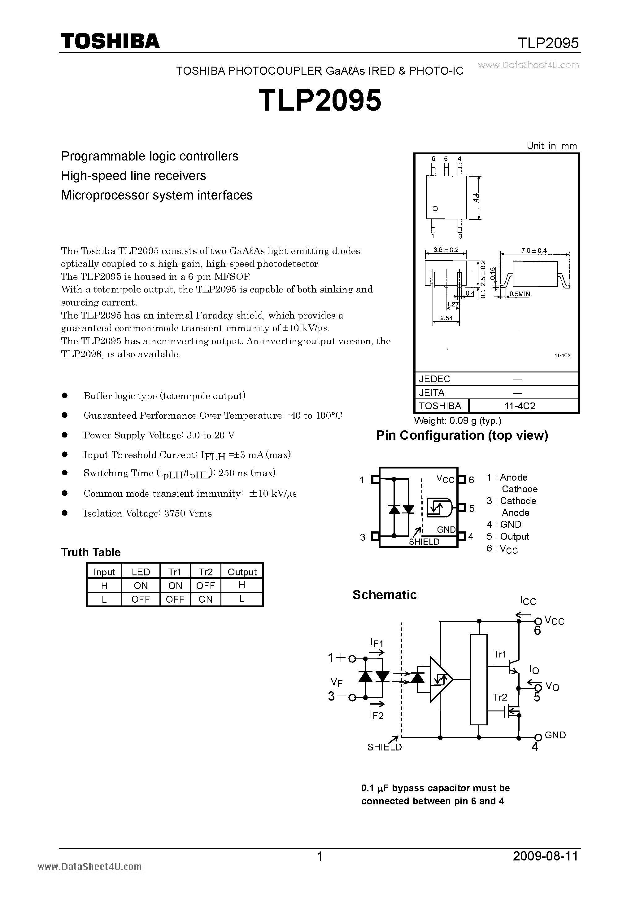 Datasheet TLP2095 page 1 Datasheet TLP2095 - PHOTOCOUPLER page 1