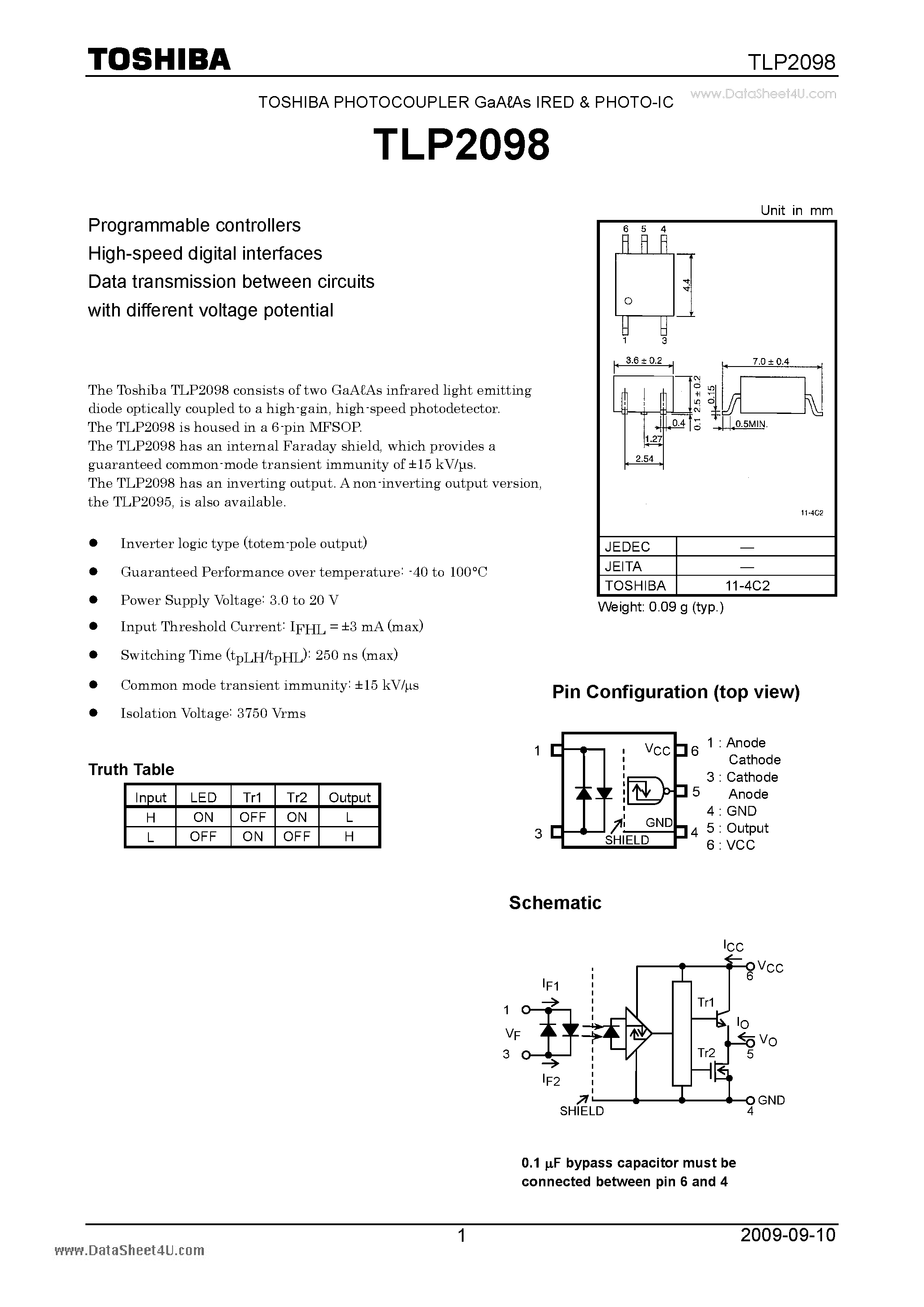 Datasheet TLP2098 page 1 Datasheet TLP2098 - PHOTOCOUPLER page 1