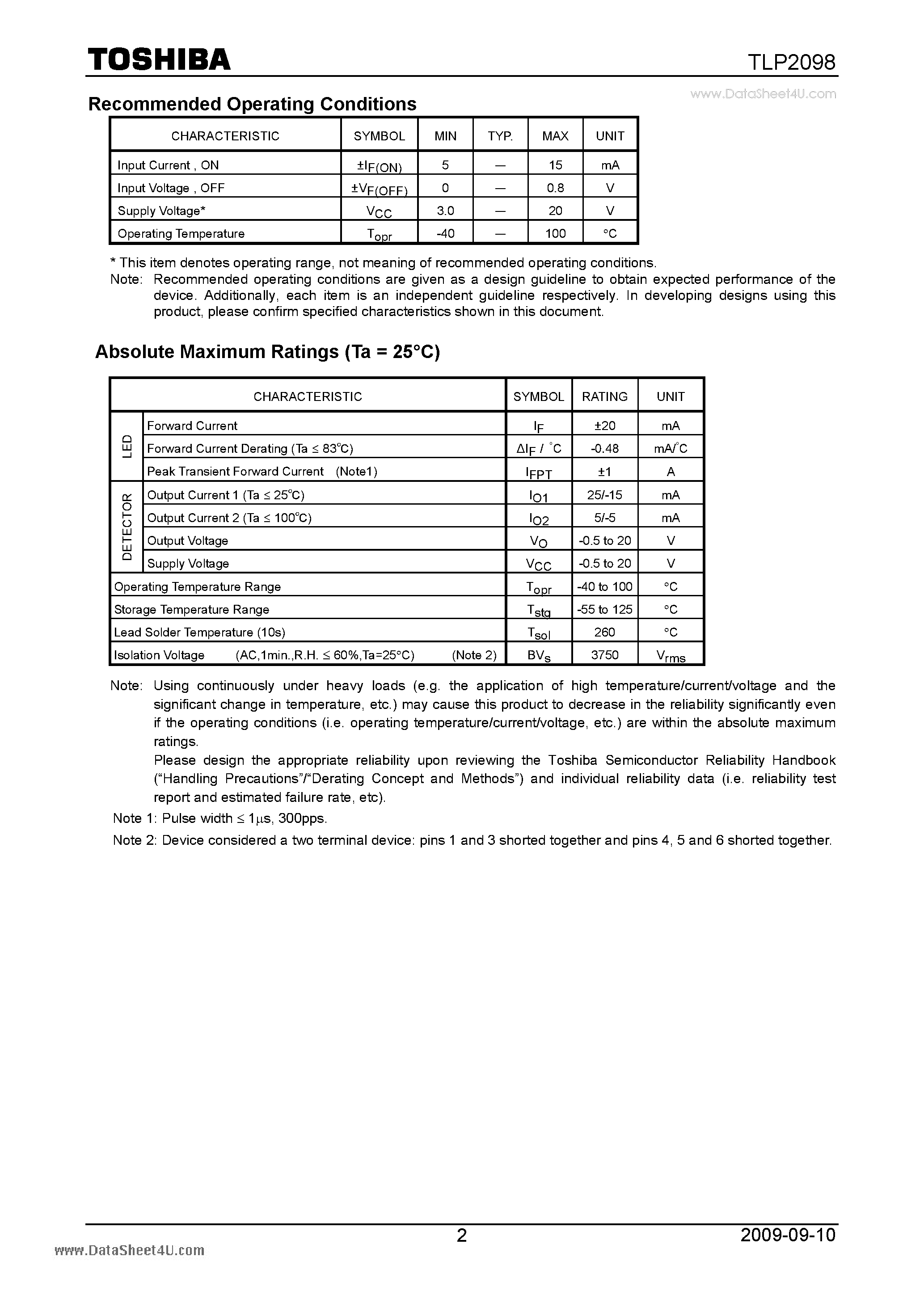 Datasheet TLP2098 page 2 Datasheet TLP2098 - PHOTOCOUPLER page 2