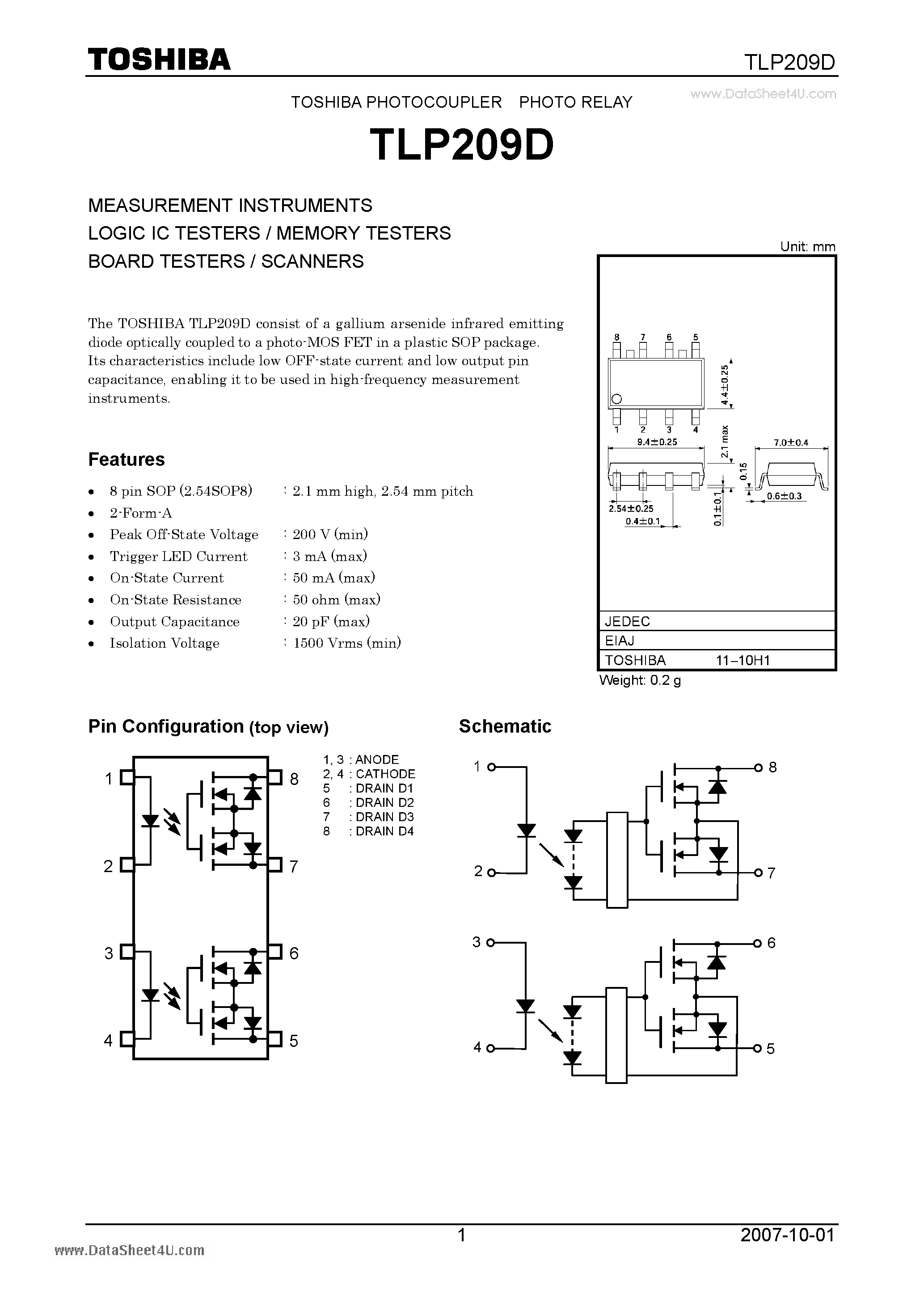 Даташит на микросхему TLP209D страница 1 Даташит TLP209D - PHOTO RELAY страница 1