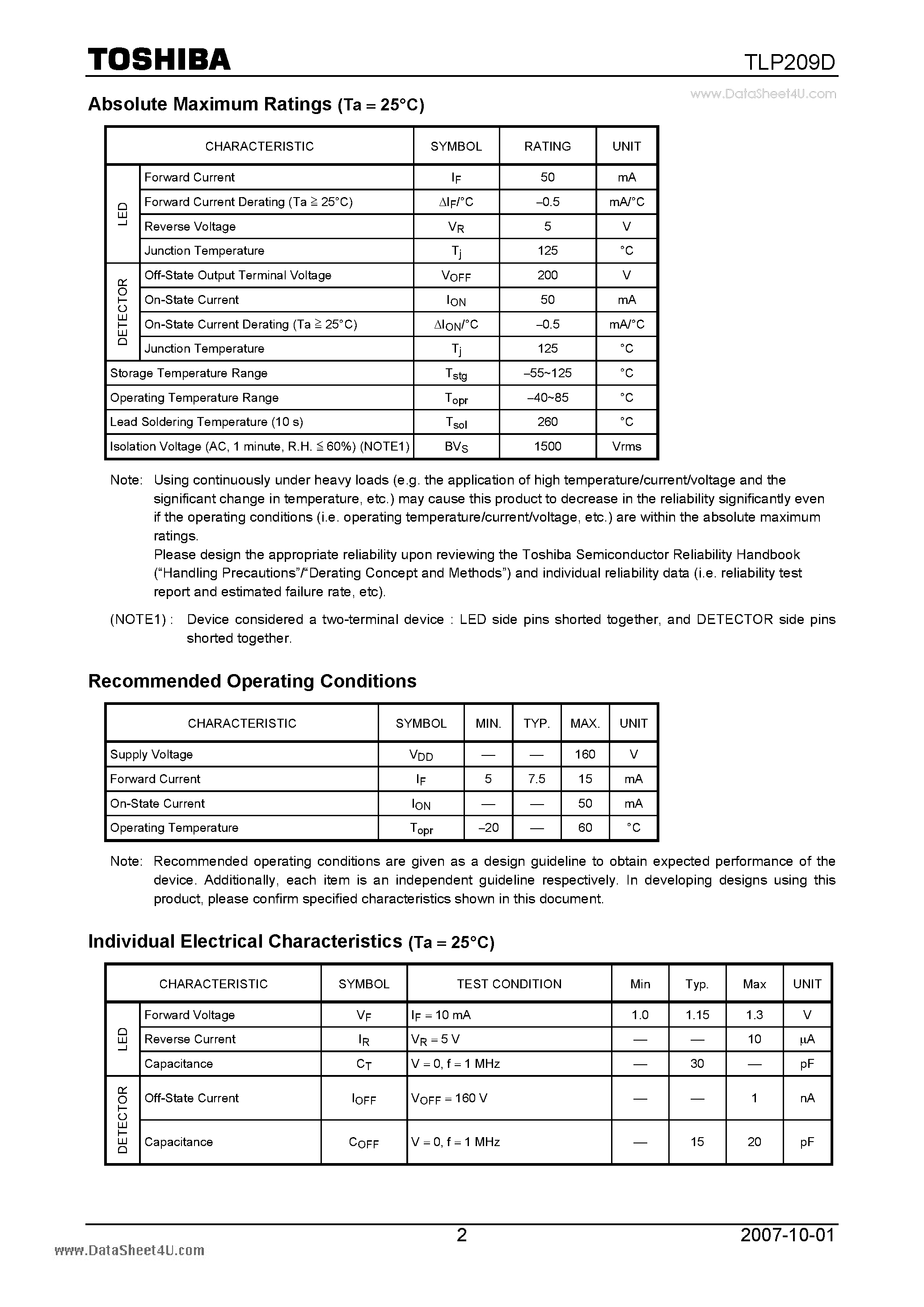 Даташит на микросхему TLP209D страница 2 Даташит TLP209D - PHOTO RELAY страница 2