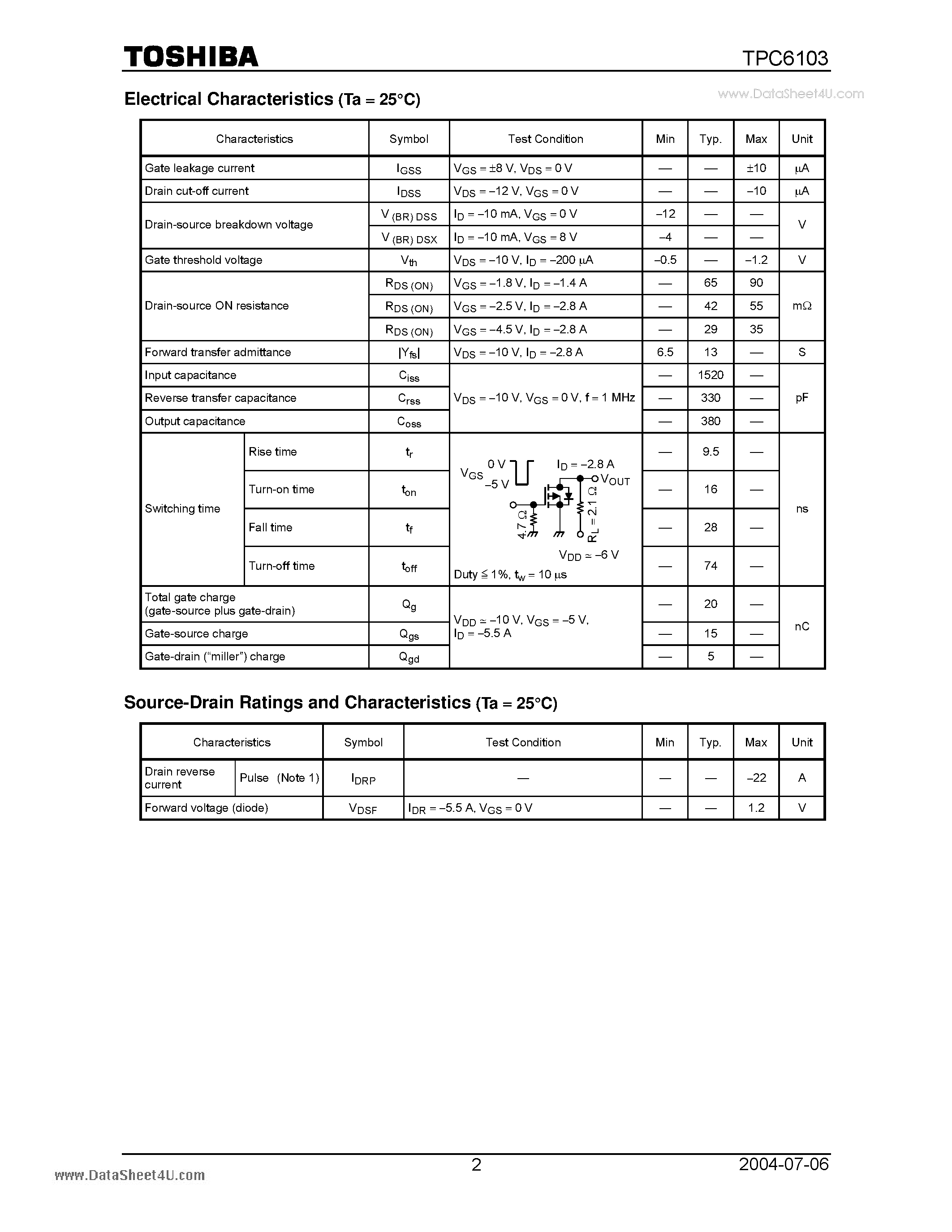Datasheet TPC6103 page 2 Datasheet TPC6103 - Silicon P Channel MOS Type page 2