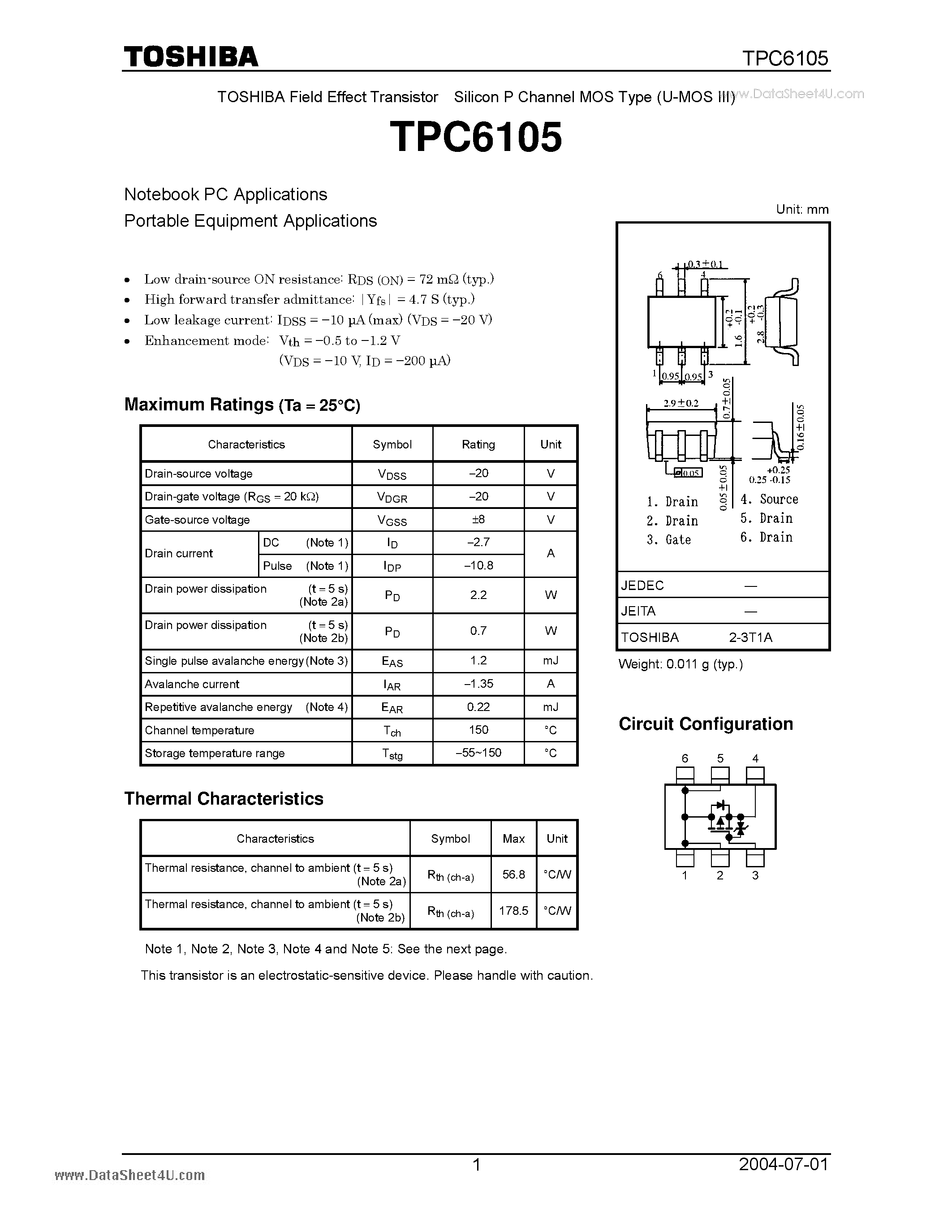 Datasheet TPC6105 - TOSHIBA Field Effect Transistor Silicon P Channel MOS Type page 1