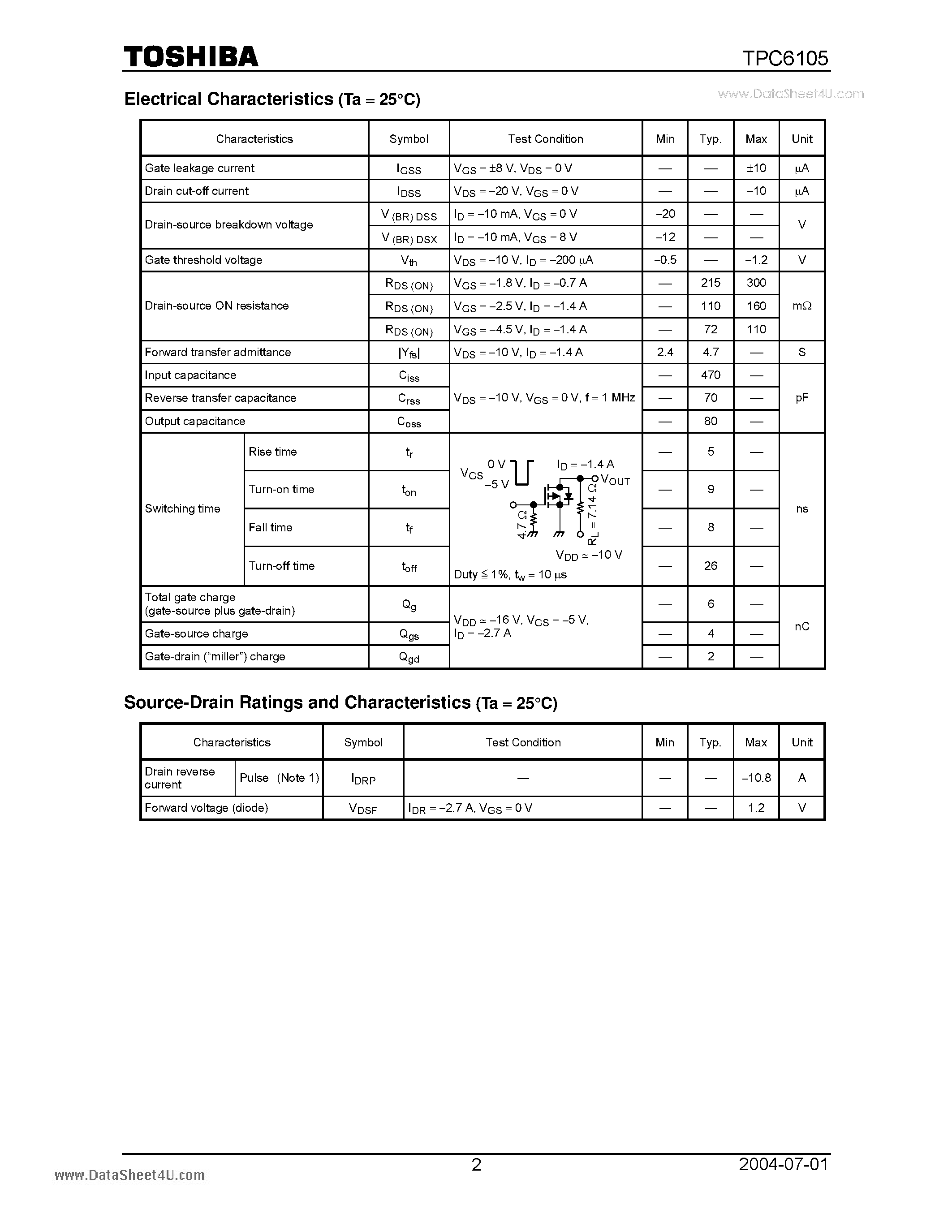 Datasheet TPC6105 - TOSHIBA Field Effect Transistor Silicon P Channel MOS Type page 2