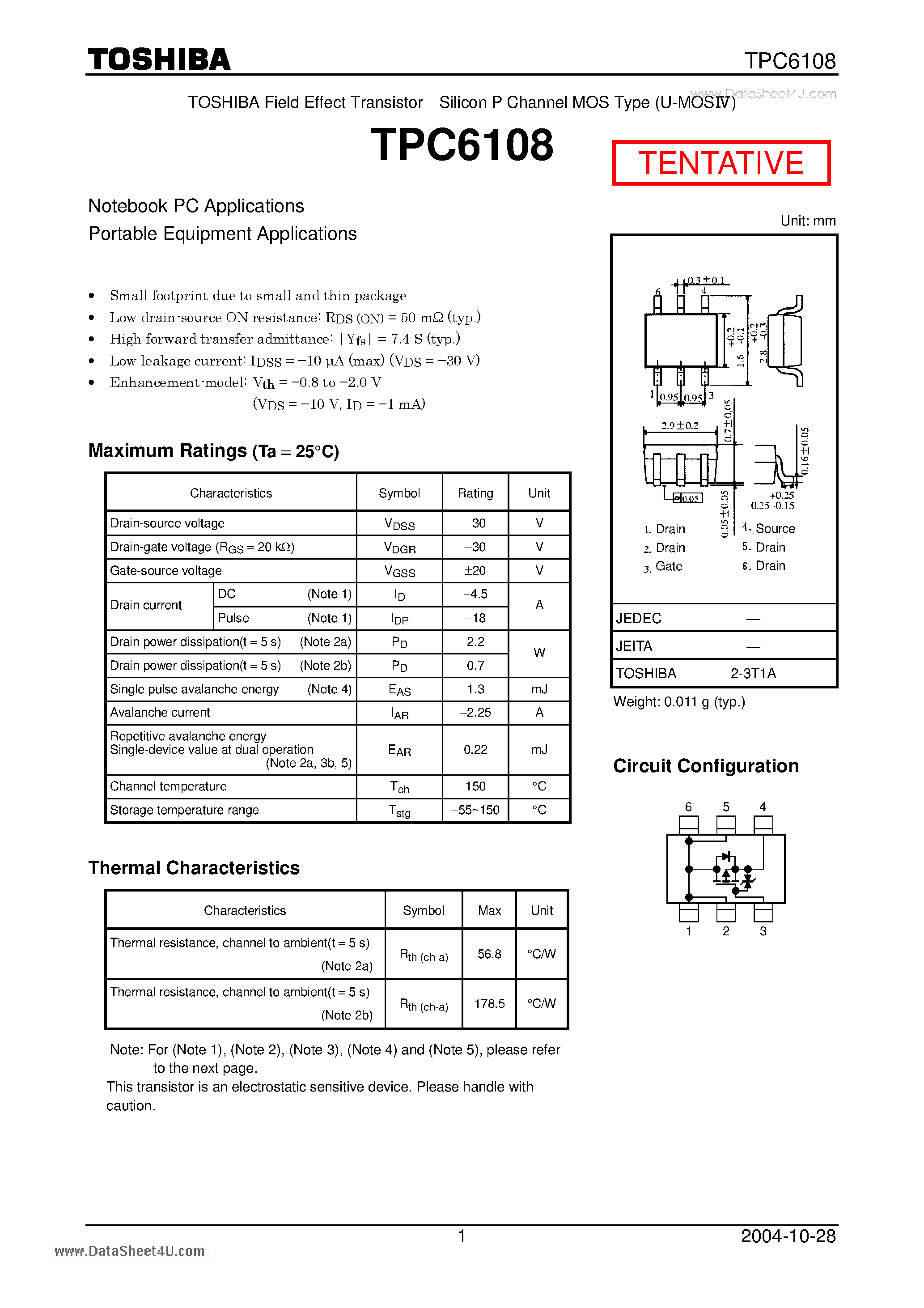 Datasheet TPC6108 - TOSHIBA Field Effect Transistor Silicon P Channel MOS Type page 1