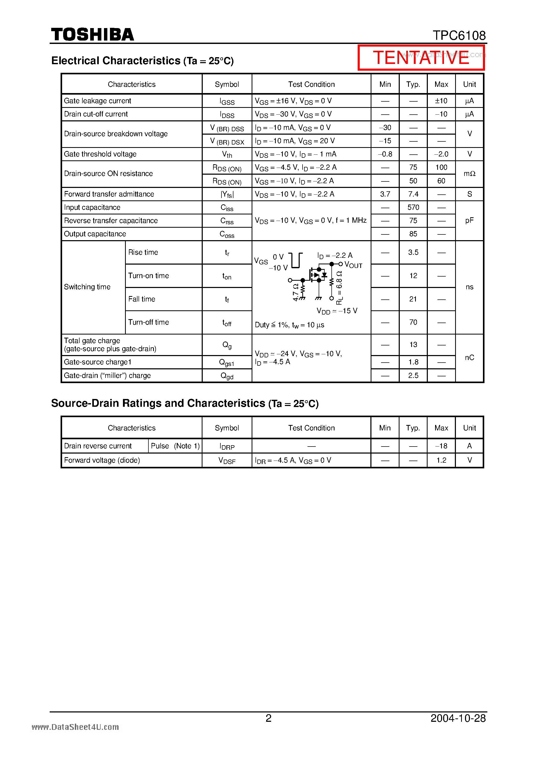 Datasheet TPC6108 - TOSHIBA Field Effect Transistor Silicon P Channel MOS Type page 2