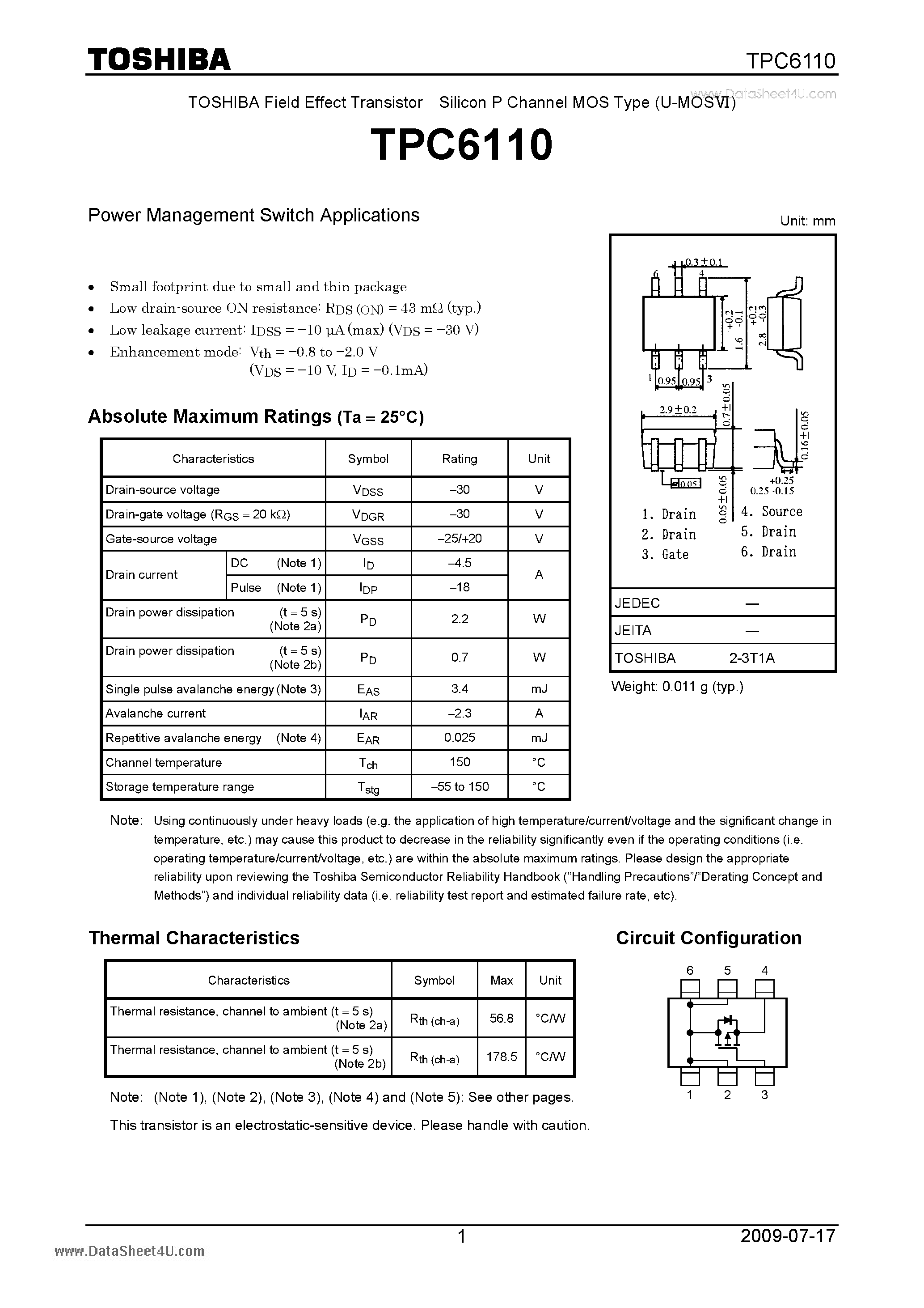 Datasheet TPC6110 page 1 Datasheet TPC6110 - Field Effect Transistor Silicon P Channel MOS Type page 1