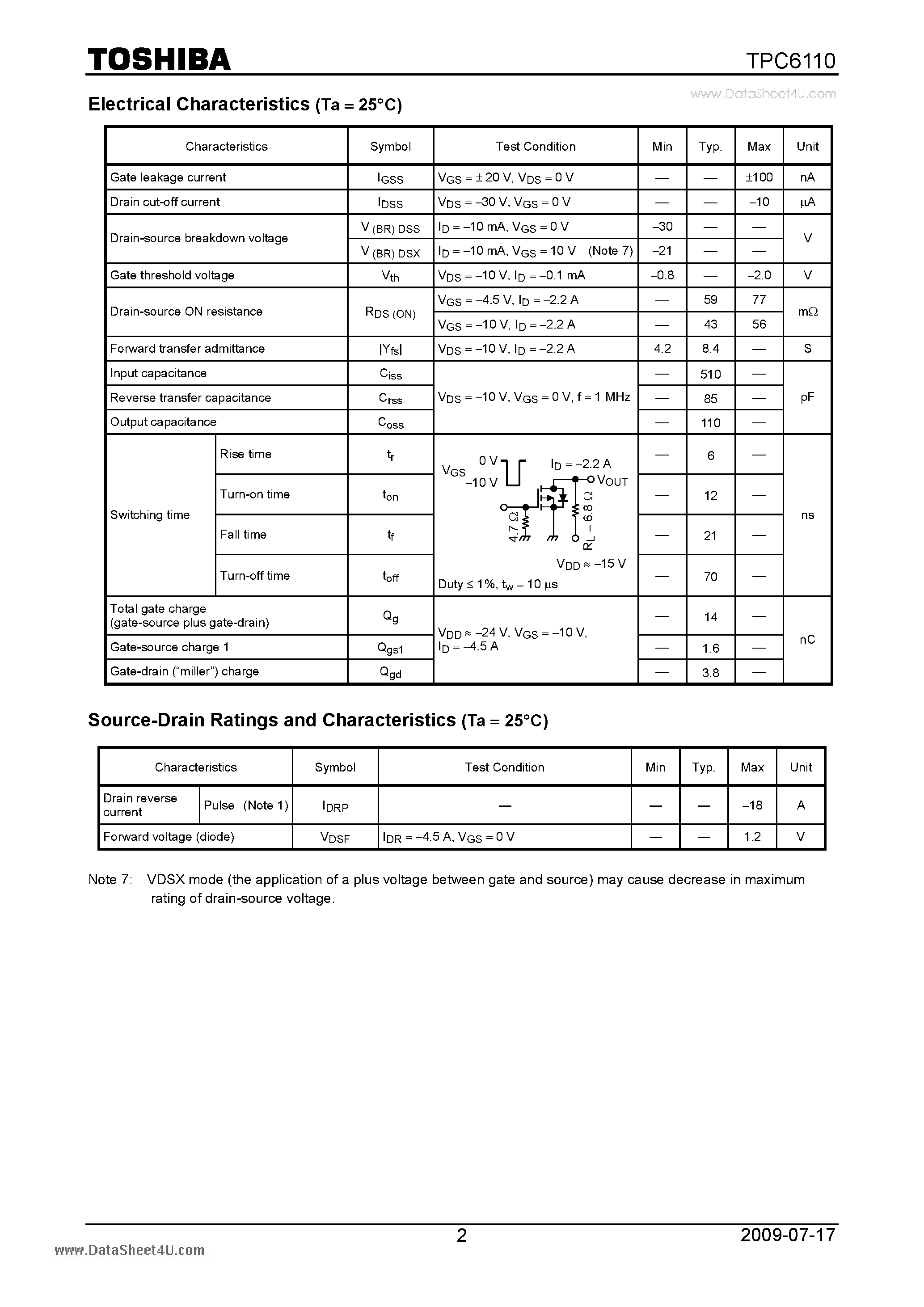 Datasheet TPC6110 page 2 Datasheet TPC6110 - Field Effect Transistor Silicon P Channel MOS Type page 2