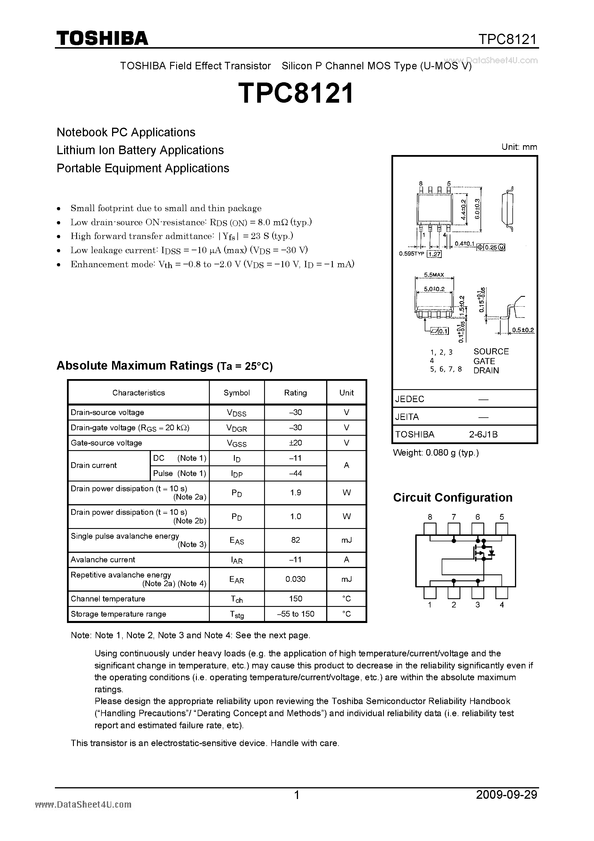 Datasheet TPC8121 page 1 Datasheet TPC8121 - Field Effect Transistor Silicon P Channel MOS Type page 1