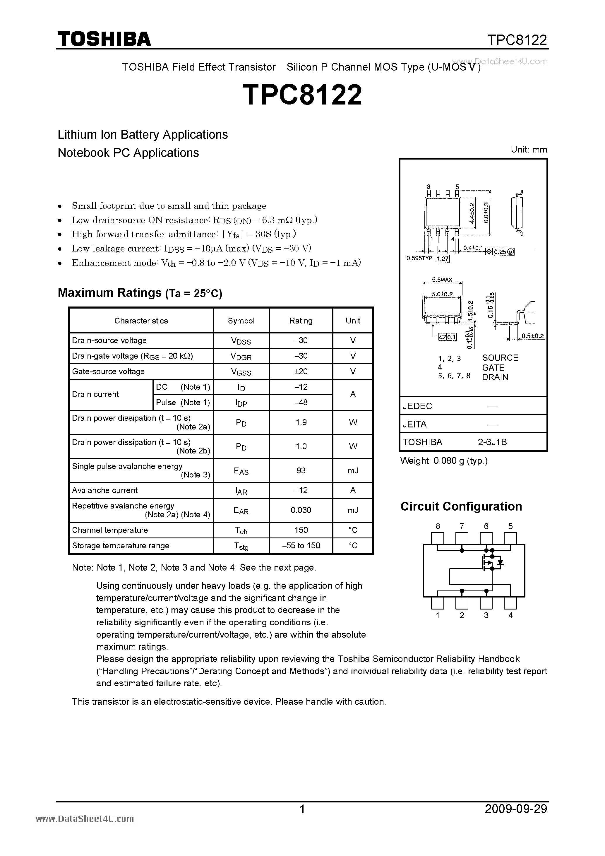 Datasheet TPC8122 page 1 Datasheet TPC8122 - Field Effect Transistor Silicon P Channel MOS Type page 1