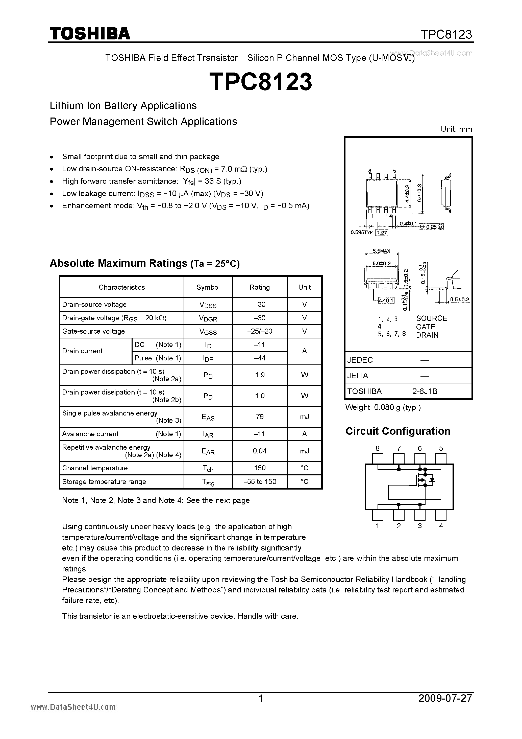 Datasheet TPC8123 - Field Effect Transistor Silicon P Channel MOS Type page 1