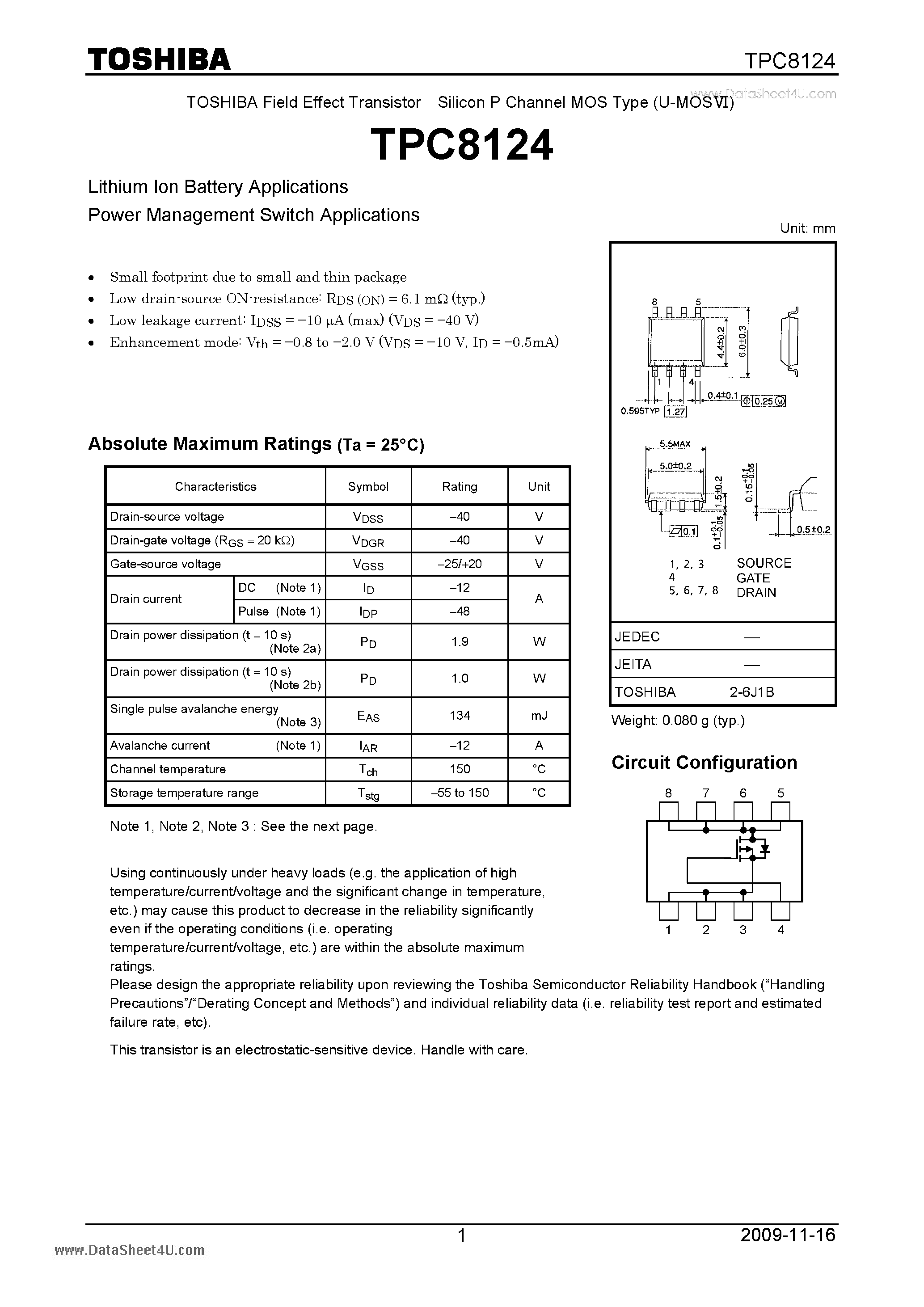 Datasheet TPC8124 page 1 Datasheet TPC8124 - Field Effect Transistor Silicon P Channel MOS Type page 1