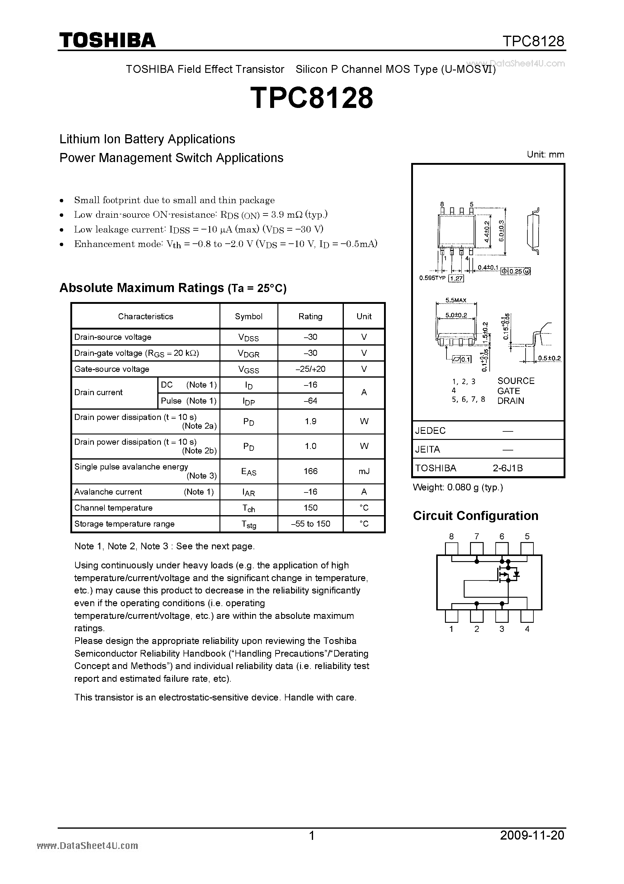 Datasheet TPC8128 page 1 Datasheet TPC8128 - Field Effect Transistor Silicon P Channel MOS Type page 1