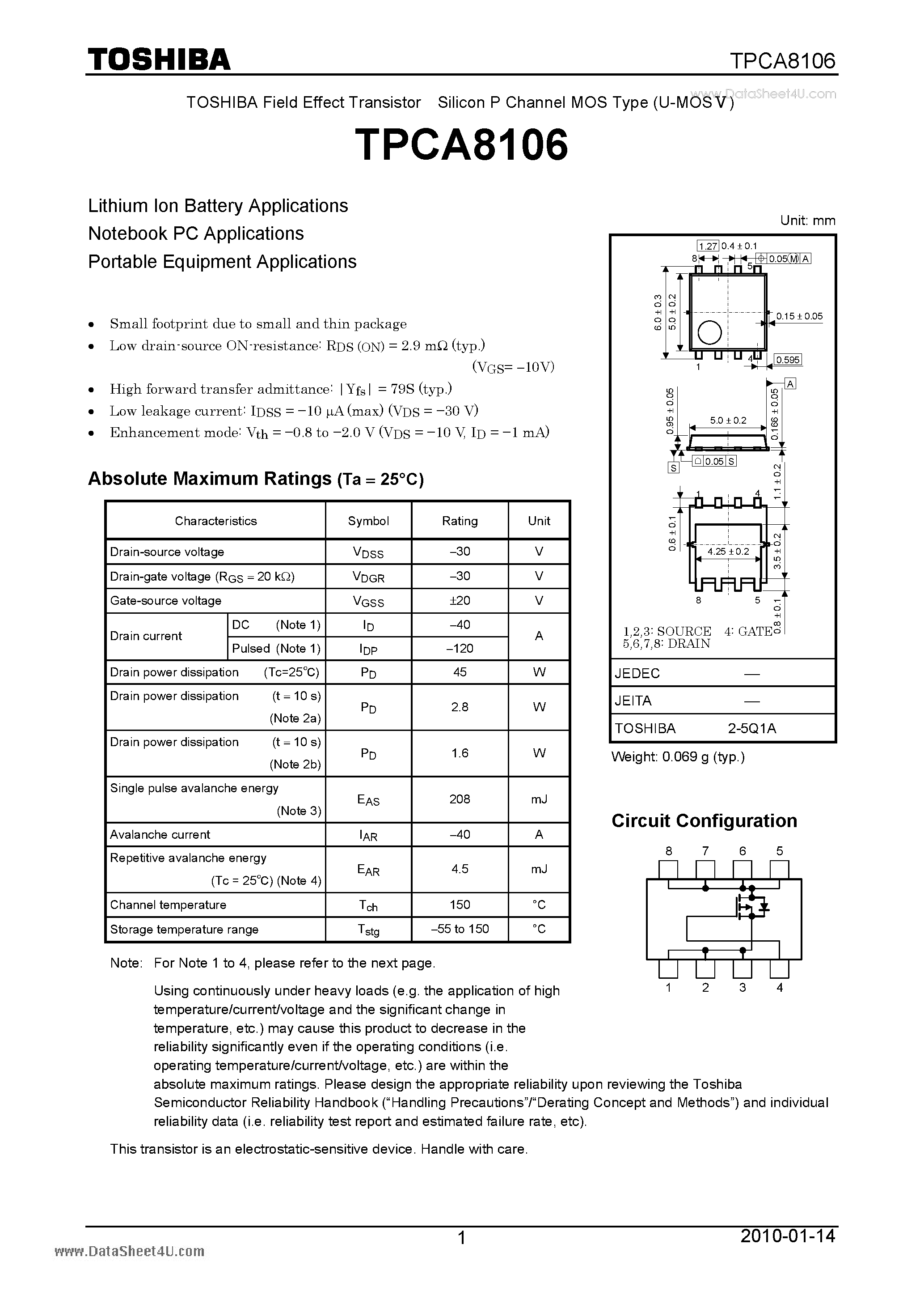 Datasheet TPCA8106 page 1 Datasheet TPCA8106 - Field Effect Transistor Silicon P Channel MOS Type page 1