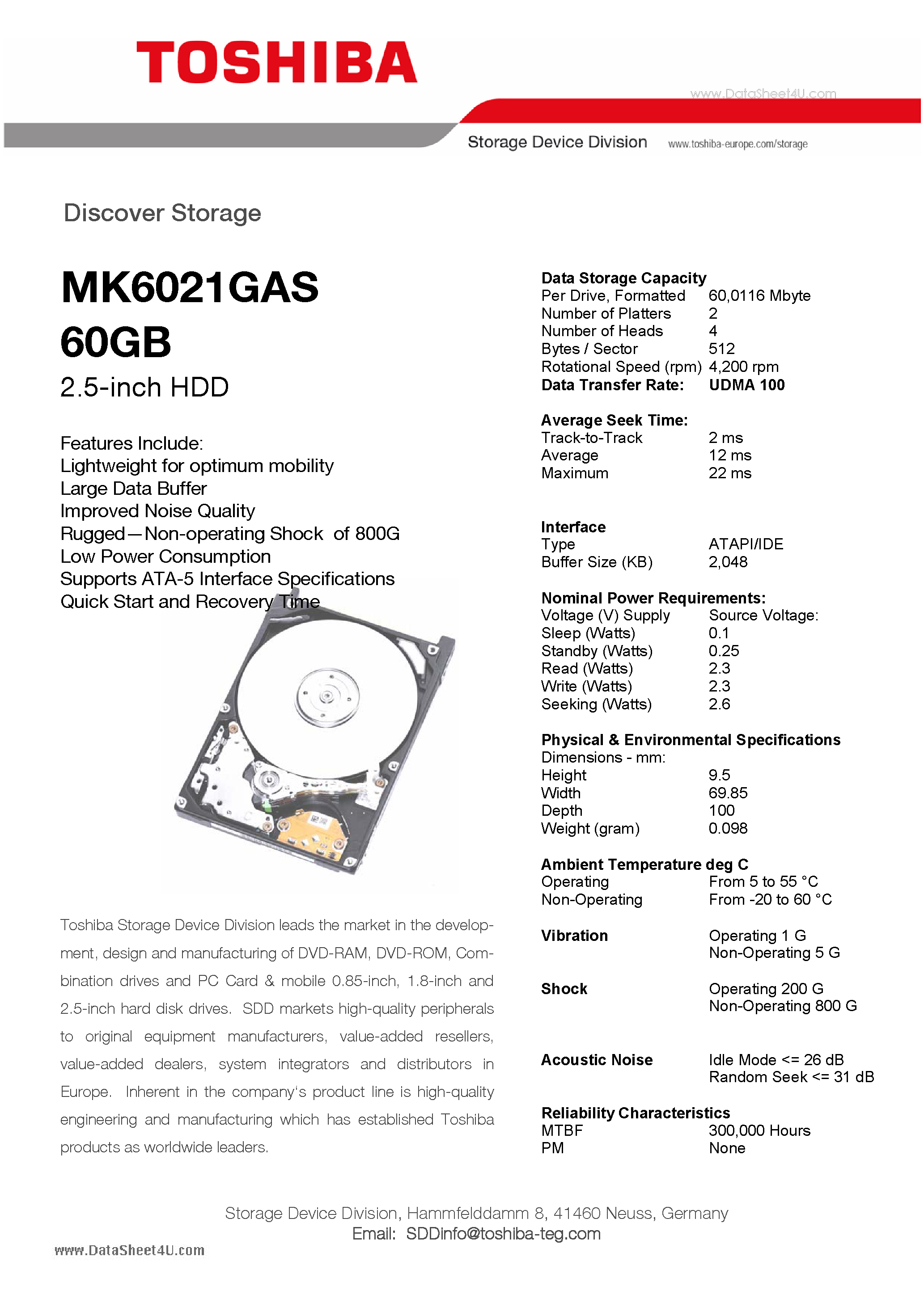 Datasheet MK6021GAS - 60GB 2.5-inch HDD page 1