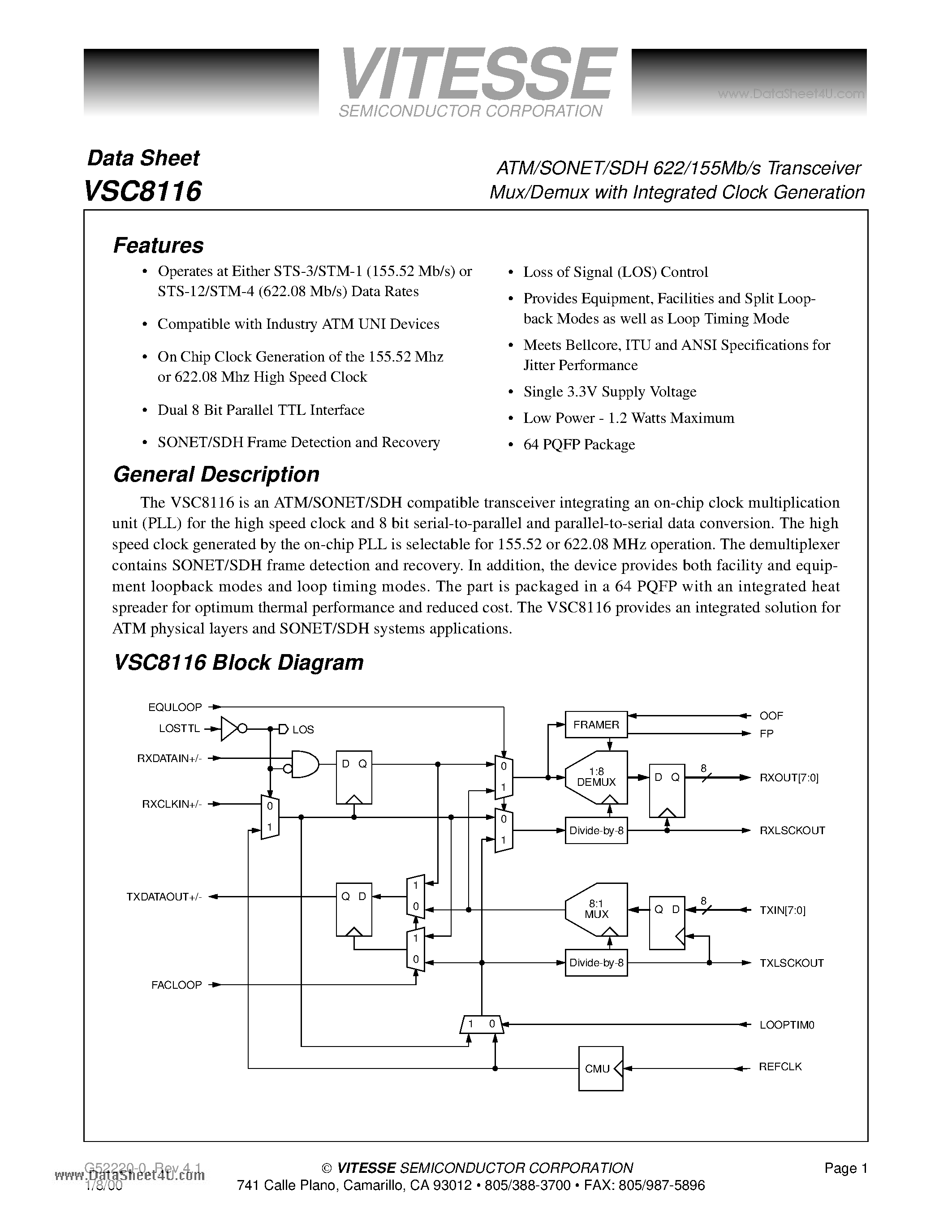 Datasheet VSC8116 - ATM/SONET/SDH 622/155Mb/s Transceiver Mux/Demux page 1