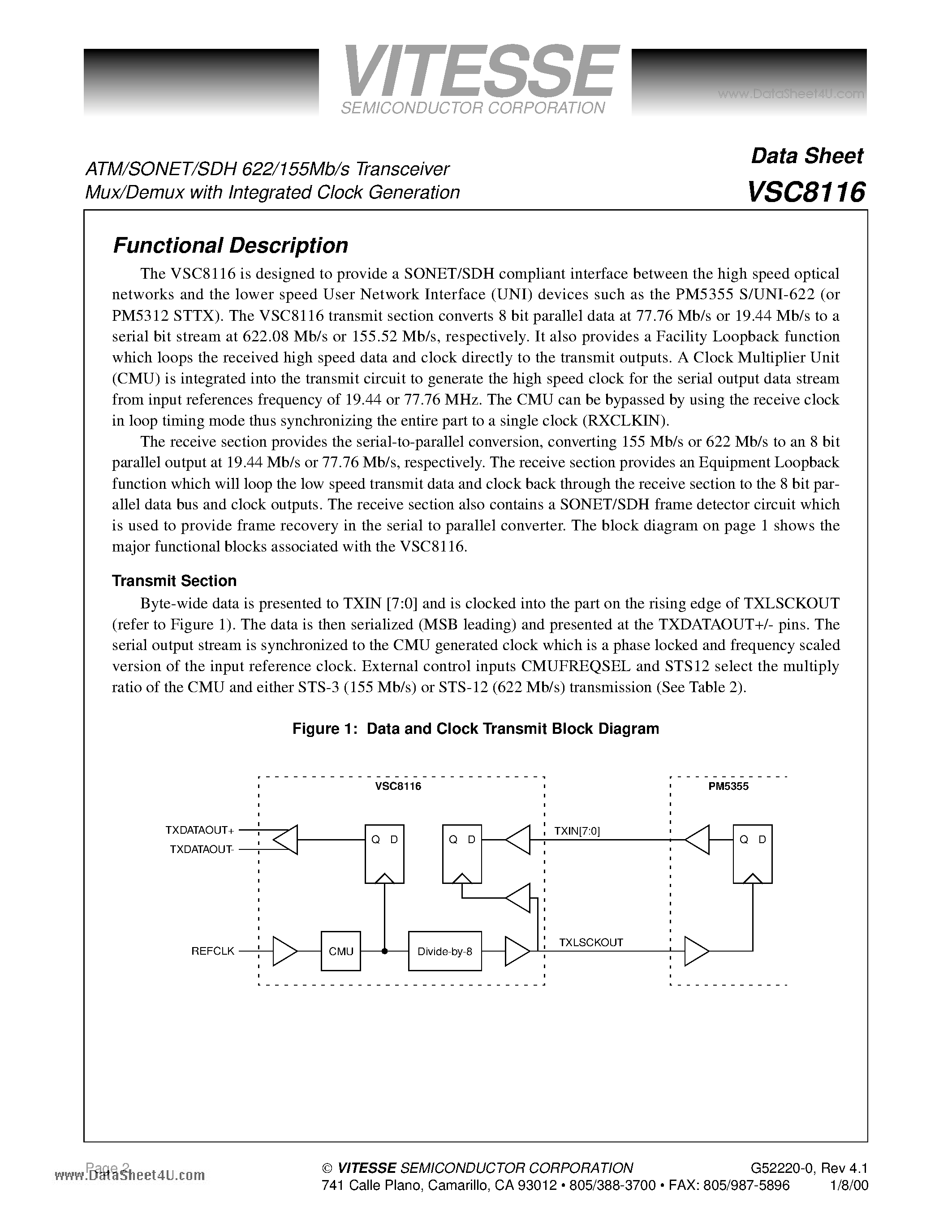 Datasheet VSC8116 - ATM/SONET/SDH 622/155Mb/s Transceiver Mux/Demux page 2