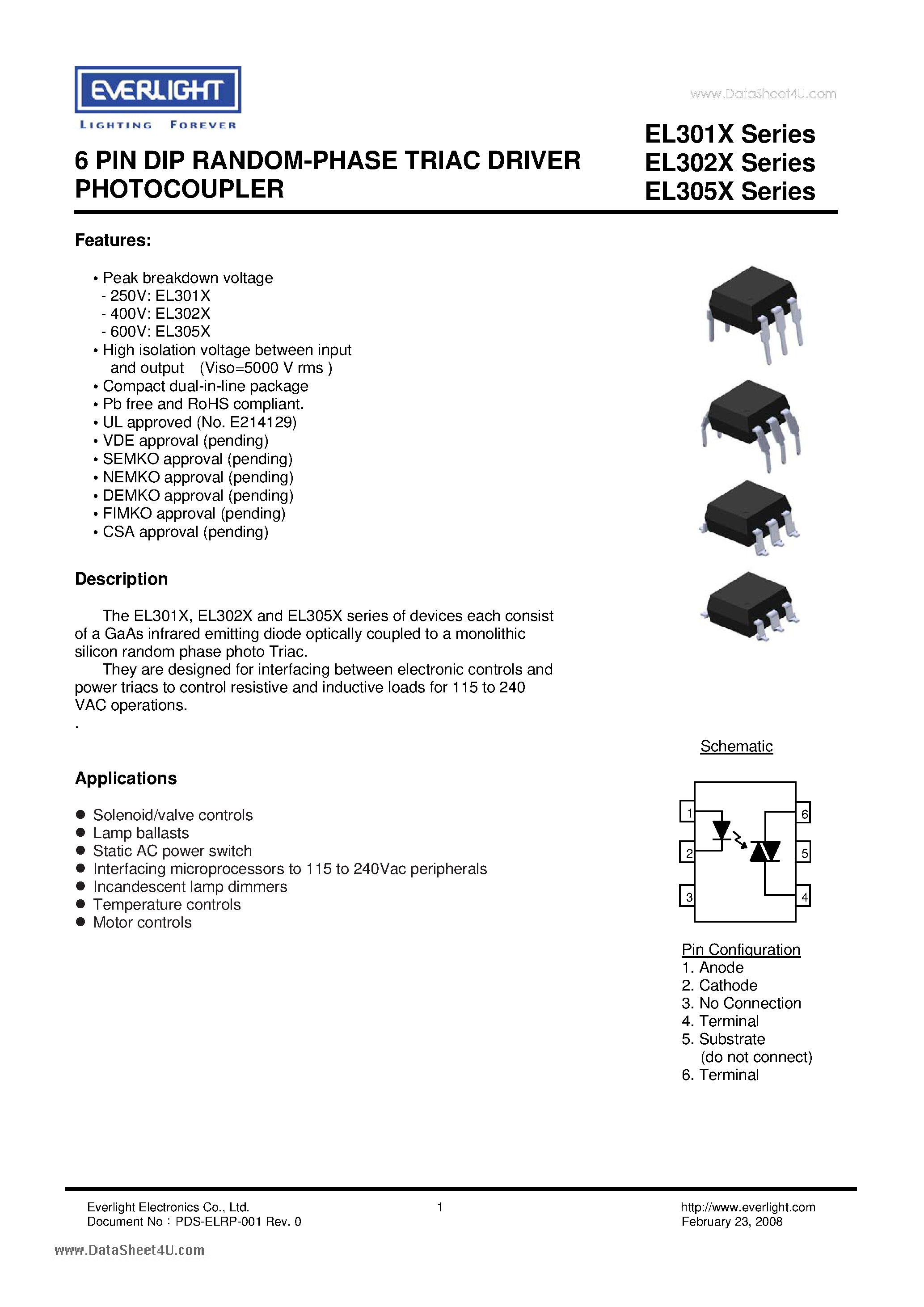 Datasheet EL3010 - (EL301x - EL305x) 6 PIN DIP RANDOM-PHASE TRIAC DRIVER PHOTOCOUPLER page 1
