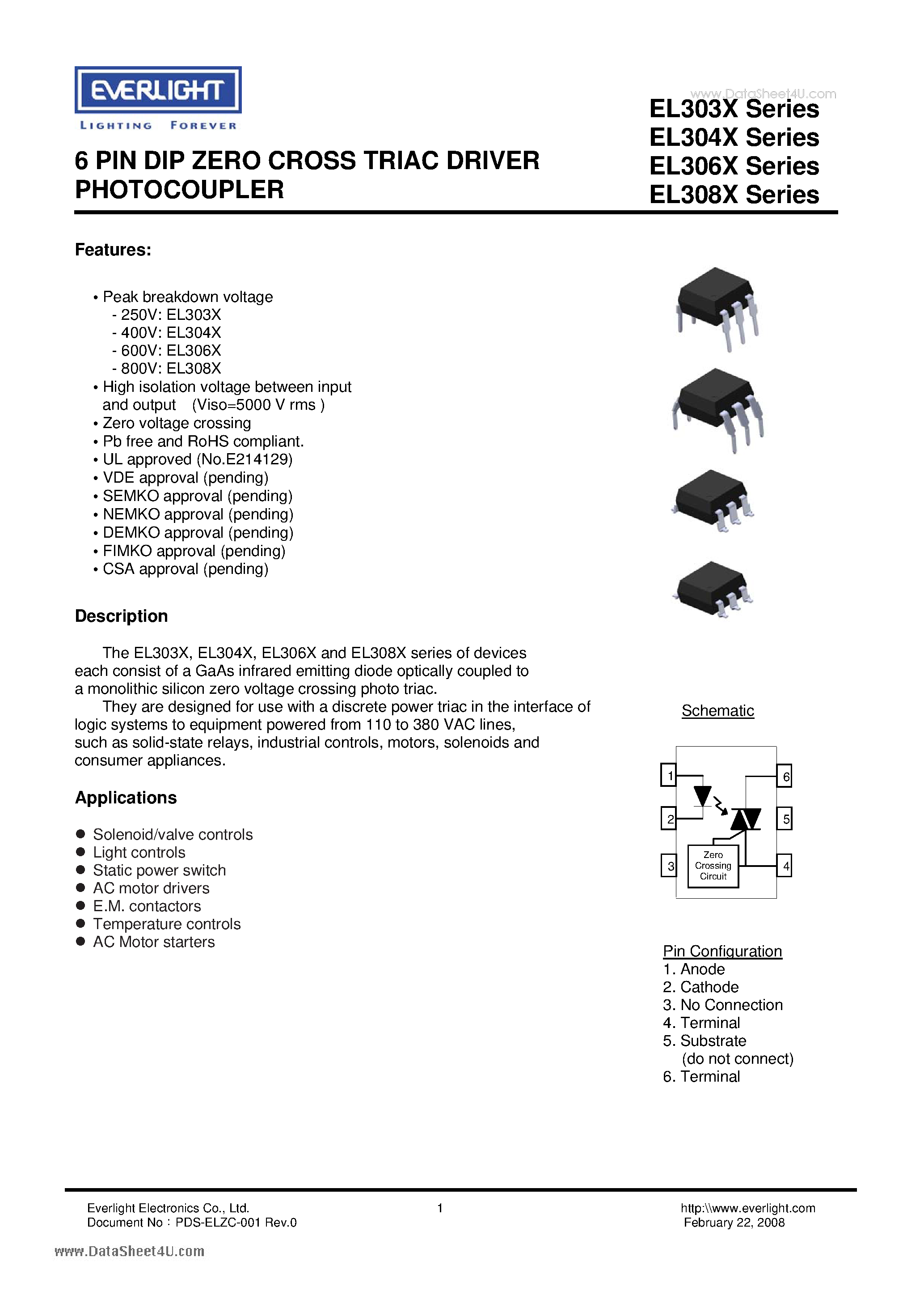 Datasheet EL3031 page 1 Datasheet EL3031 - (EL304x - EL308x) 6 PIN DIP ZERO CROSS TRIAC DRIVER PHOTOCOUPLER page 1