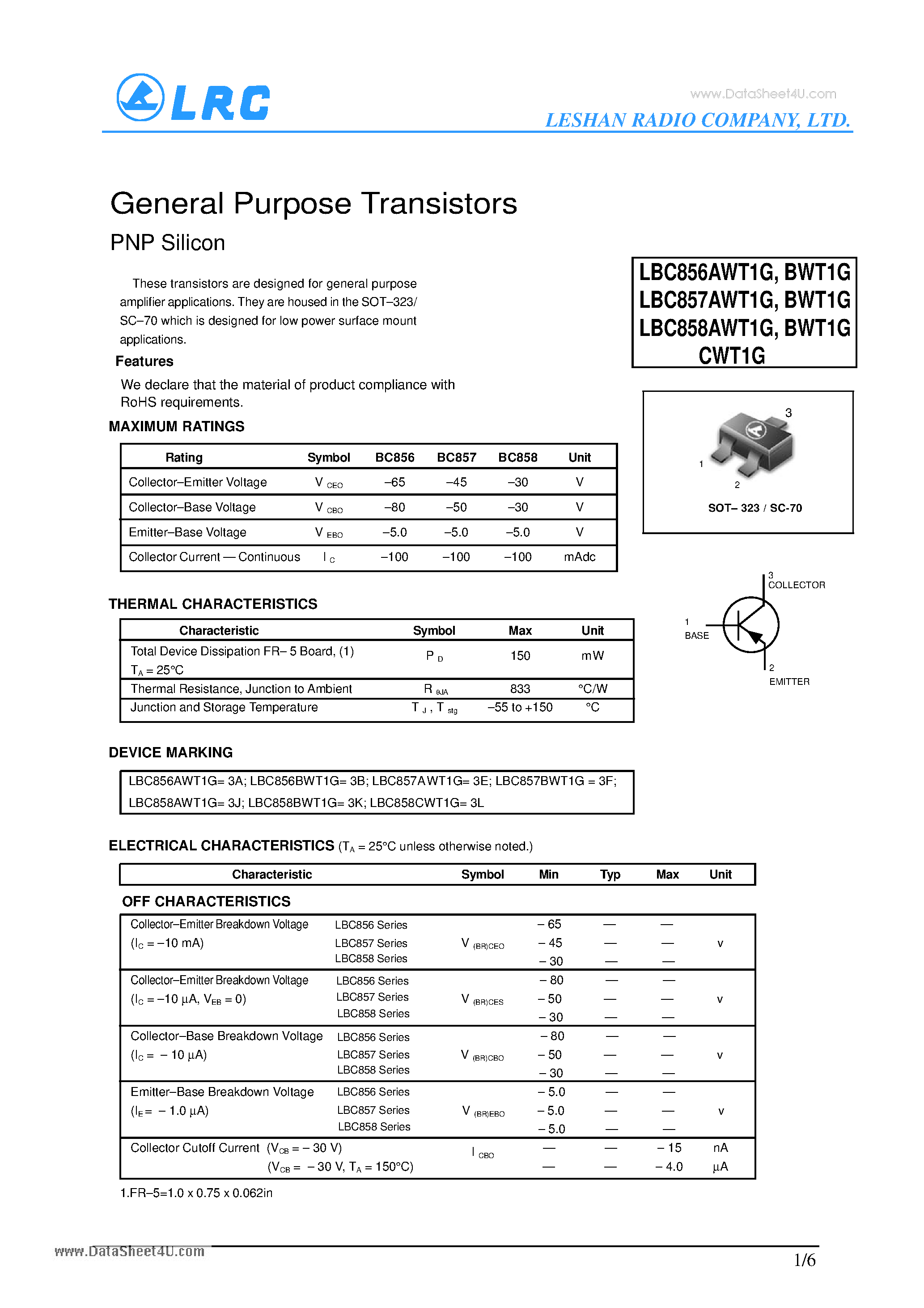 Даташит CWT1G - General Purpose Transistors PNP Silicon страница 1