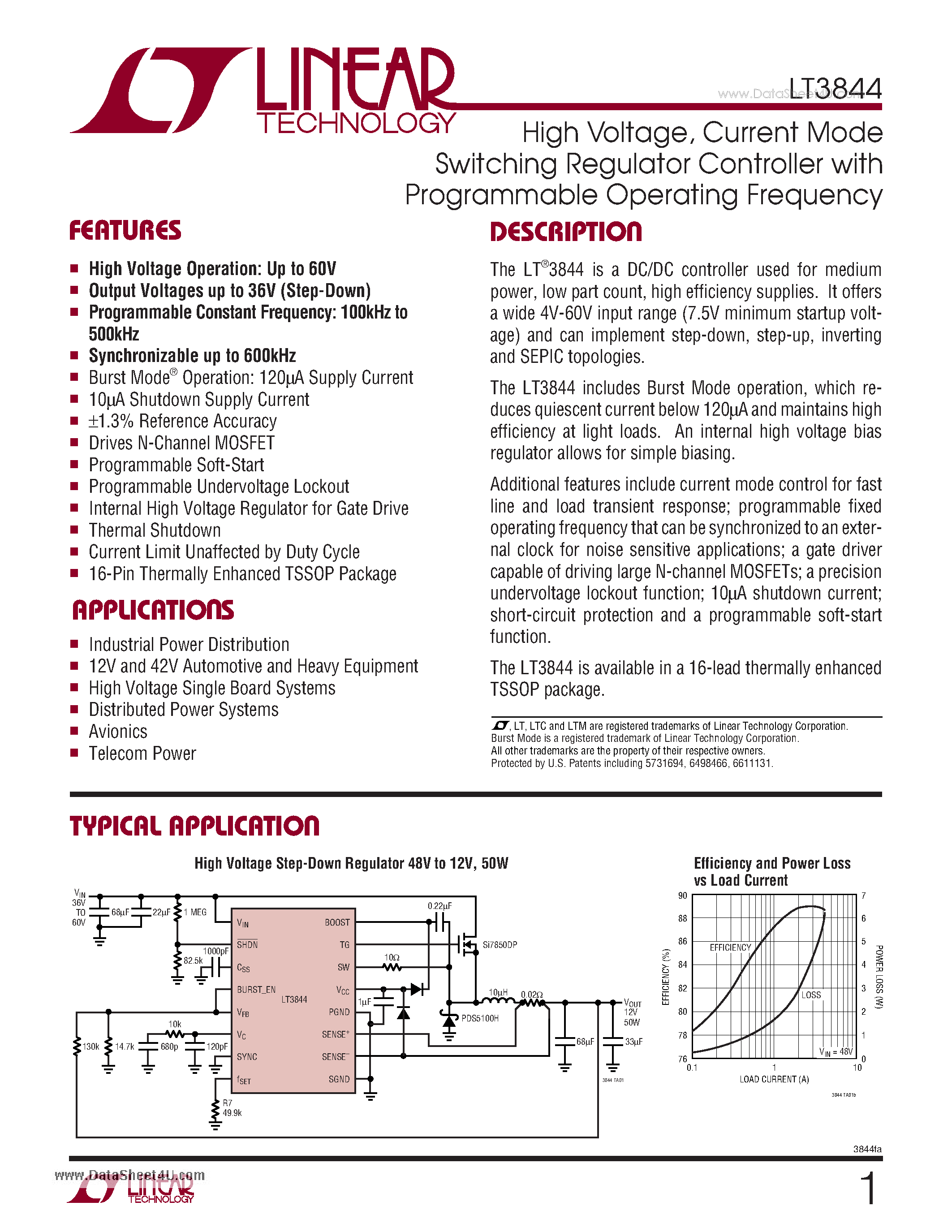 Datasheet LT3844 page 1 Datasheet LT3844 - Current Mode Switching Regulator Controller page 1