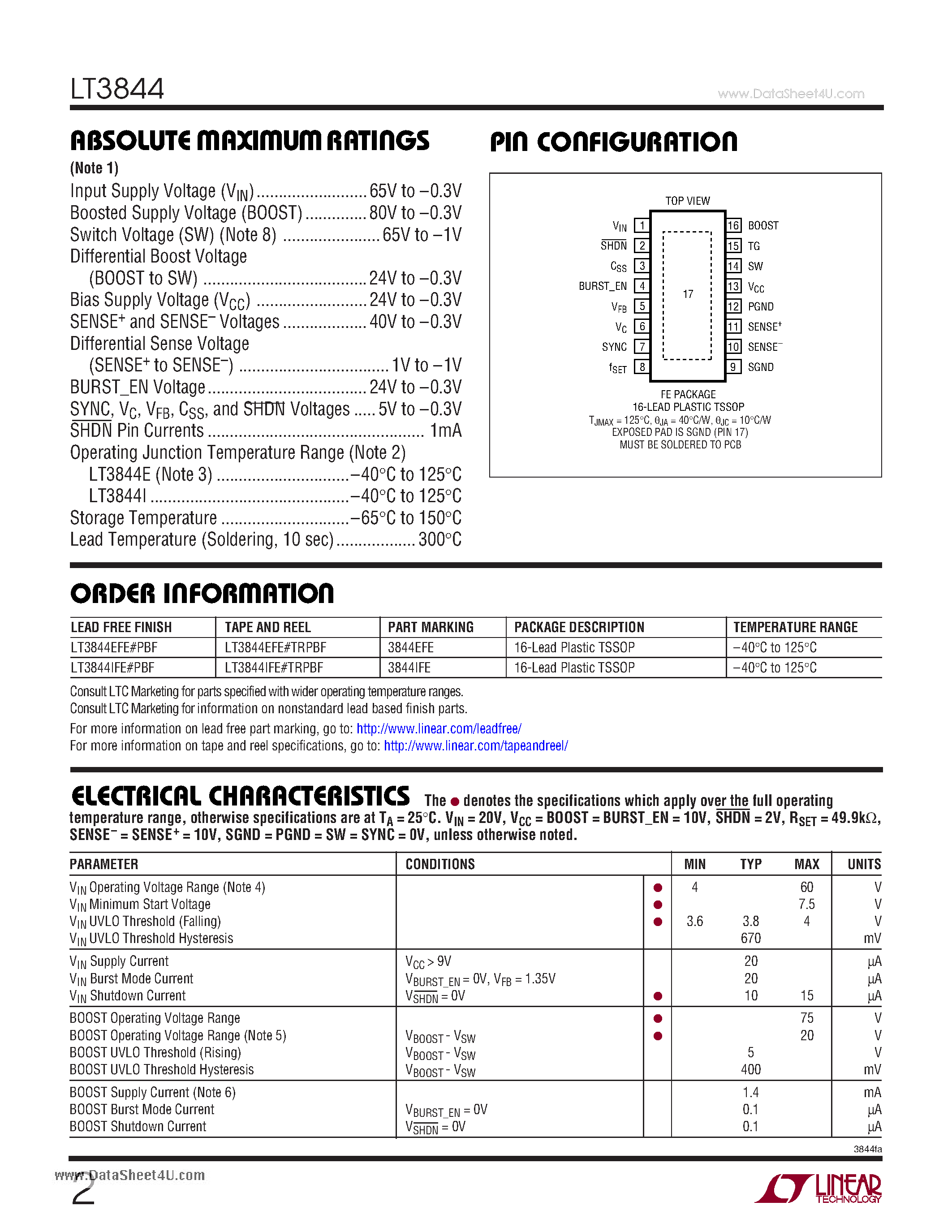 Datasheet LT3844 page 2 Datasheet LT3844 - Current Mode Switching Regulator Controller page 2