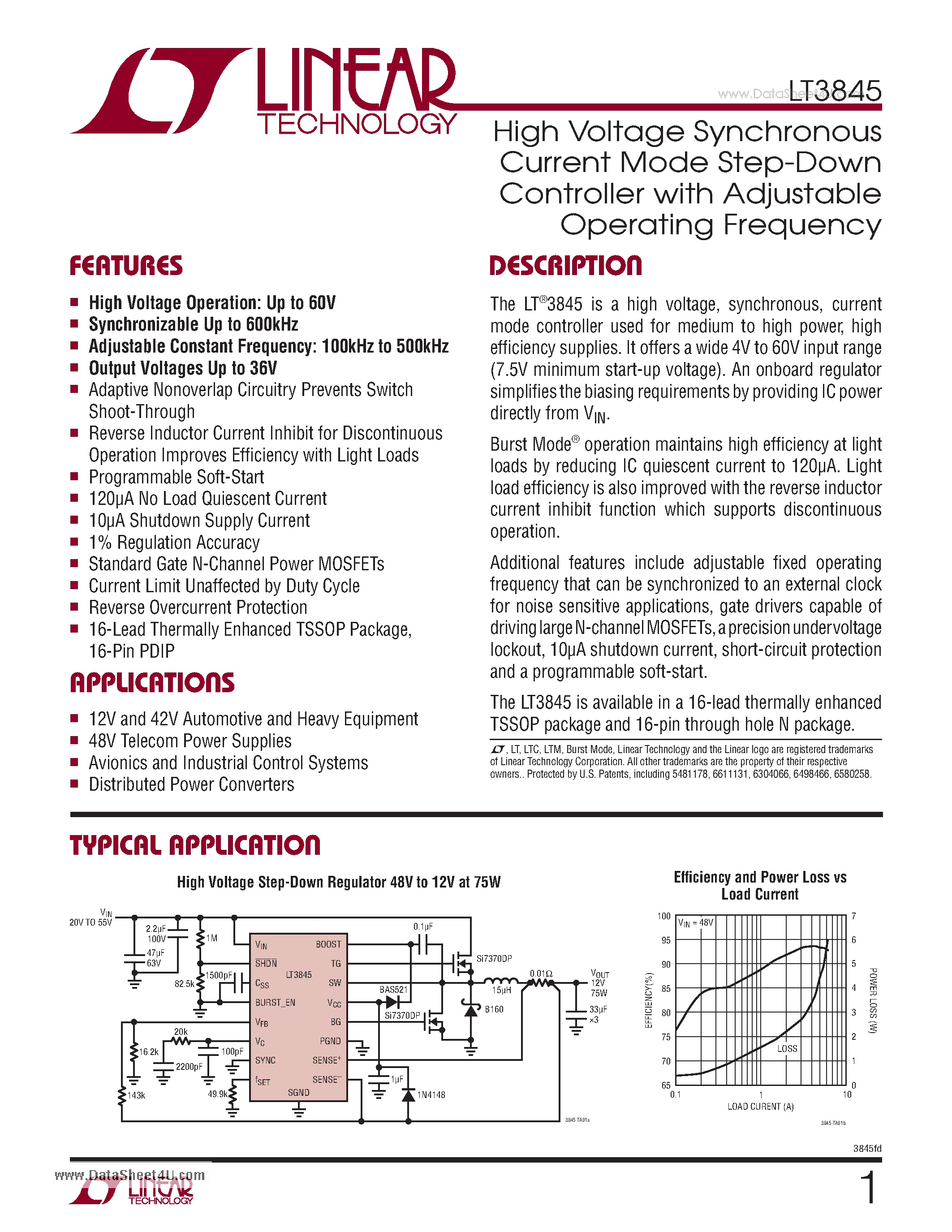 Datasheet LT3845 page 1 Datasheet LT3845 - High Voltage Synchronous Current Mode Step-Down Controller page 1
