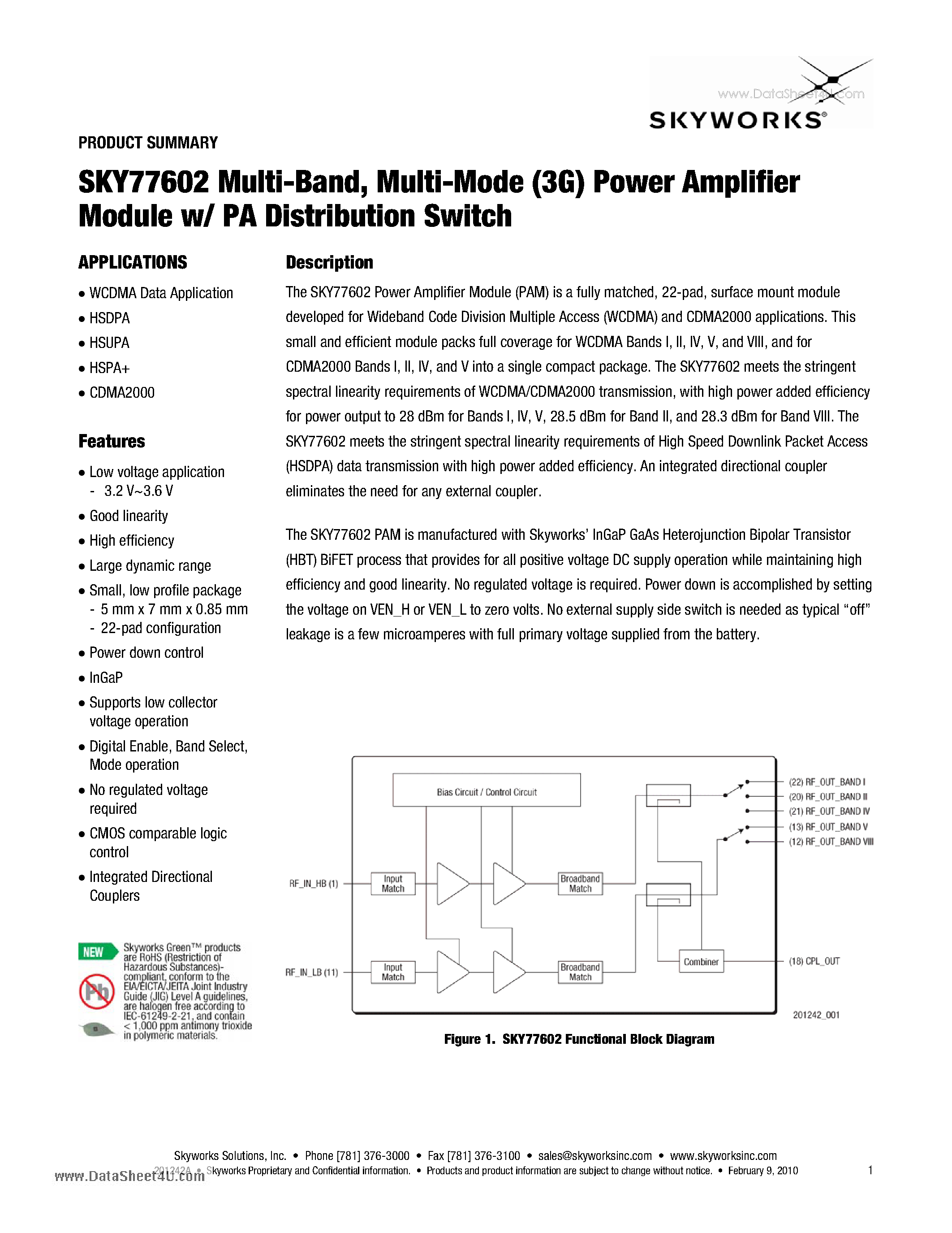 Даташит SKY77602 - Power Amplifier Module w/ PA Distribution Switch страница 1