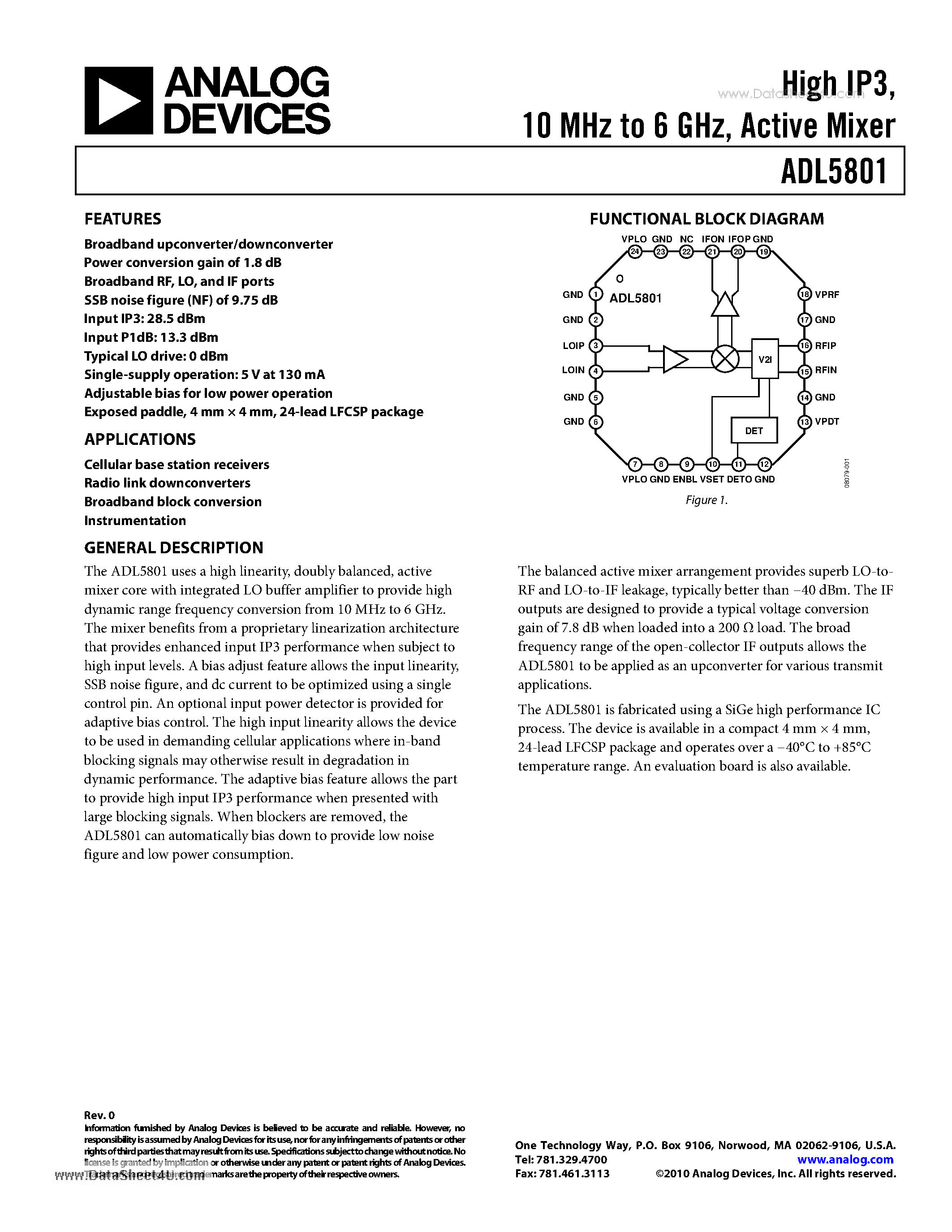 Даташит ADL5801 - High IP3 10 MHz to 6 GHz Active Mixer страница 1