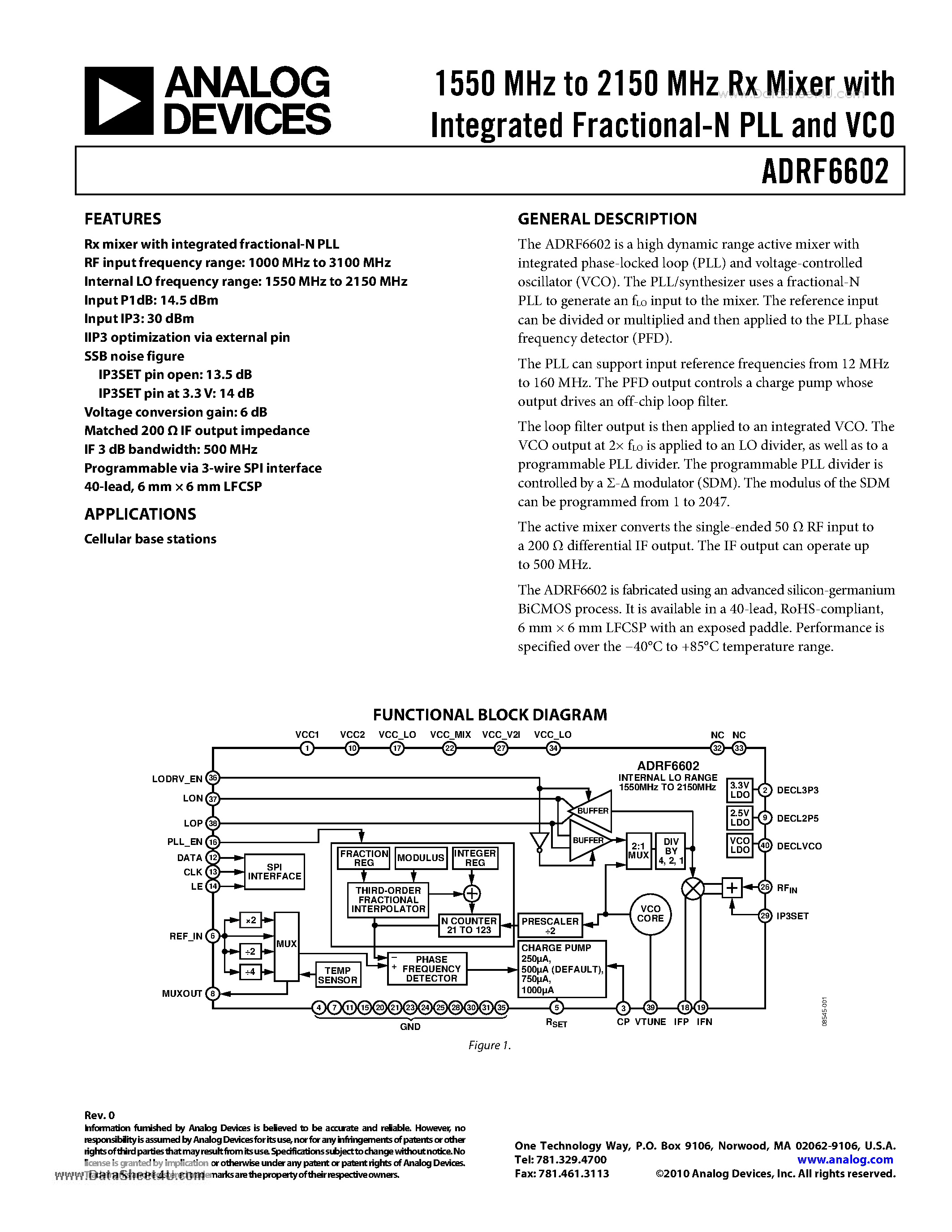 Даташит ADRF6602 - 1550 MHz to 2150 MHz Rx Mixer страница 1