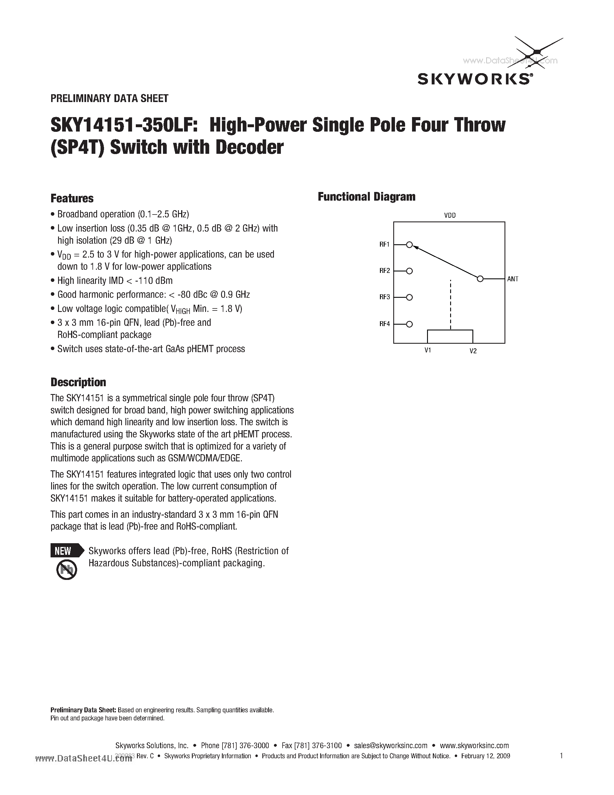 Datasheet SKY14151-350LF - High-Power Single Pole Four Throw (SP4T) Switch page 1