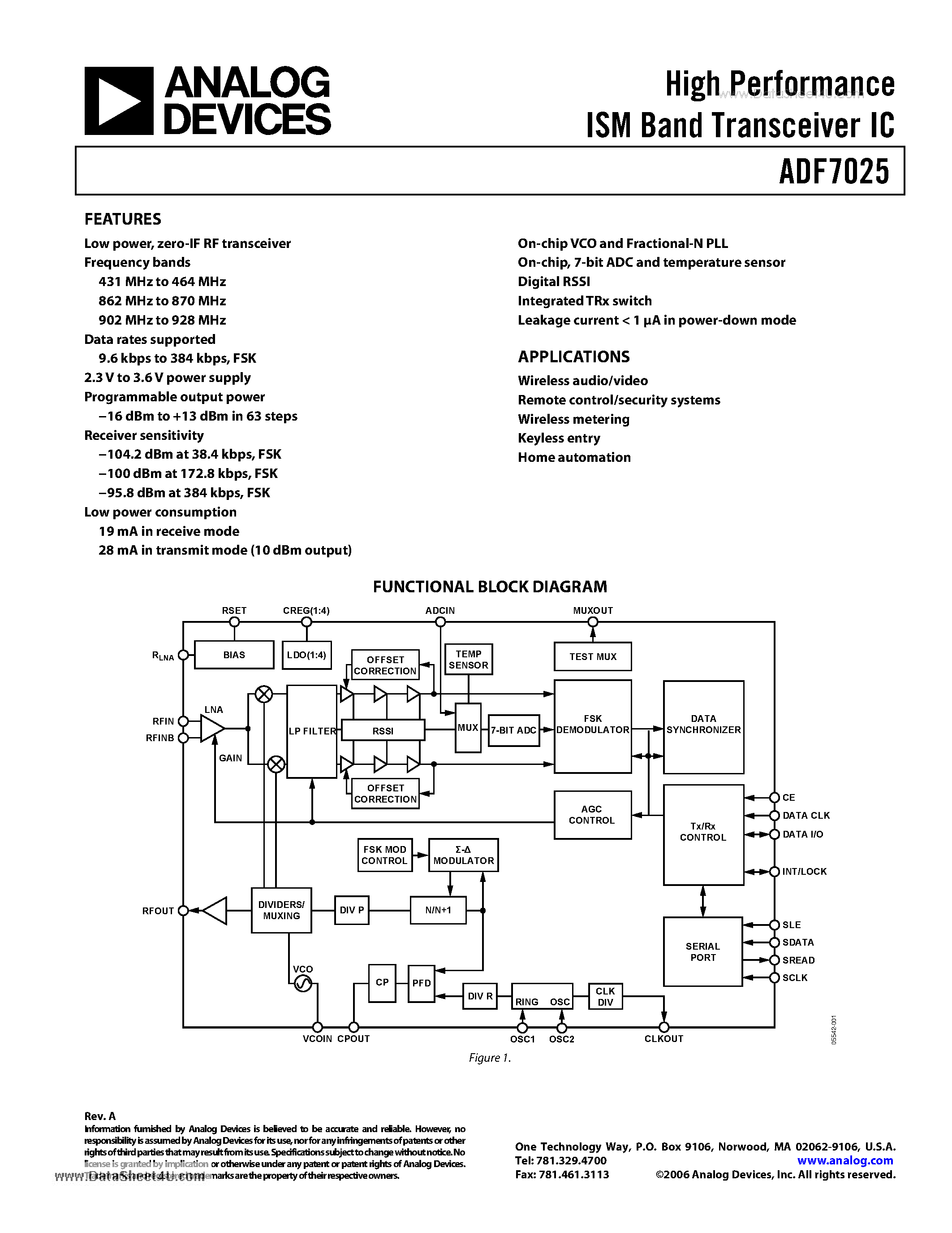 Datasheet ADF7025 - High Performance ISM Band Transceiver IC page 1