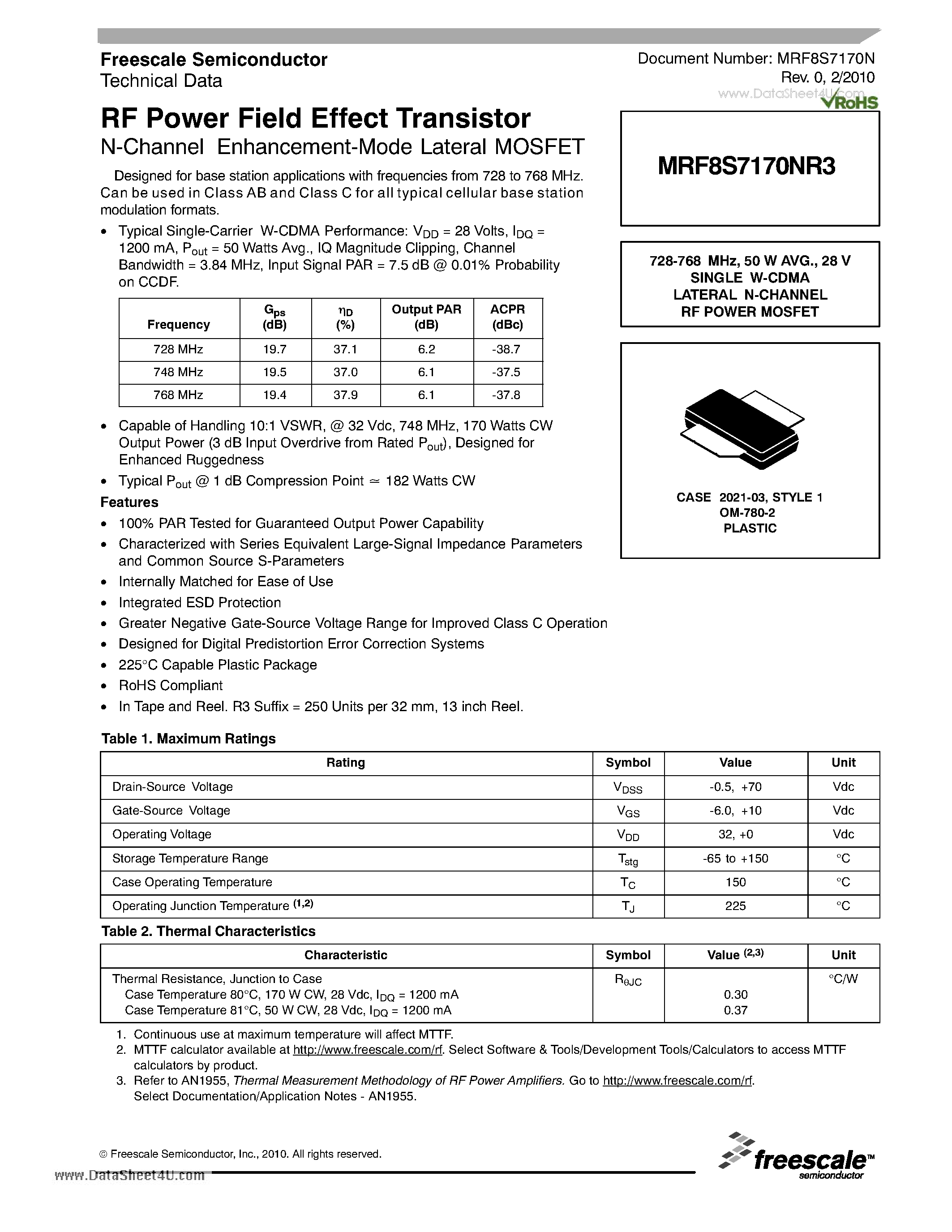 Datasheet MRF8S7170NR3 - RF Power Field Effect Transistor N-Channel Enhancement-Mode Lateral MOSFET page 1