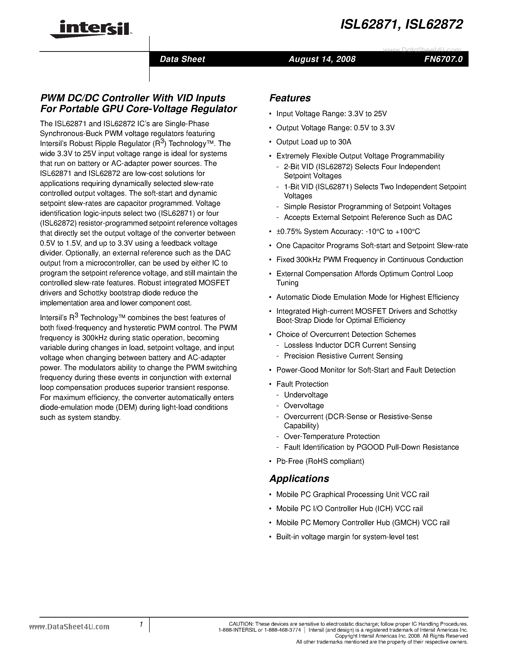 Datasheet ISL62871 - PWM DC/DC Controller page 1