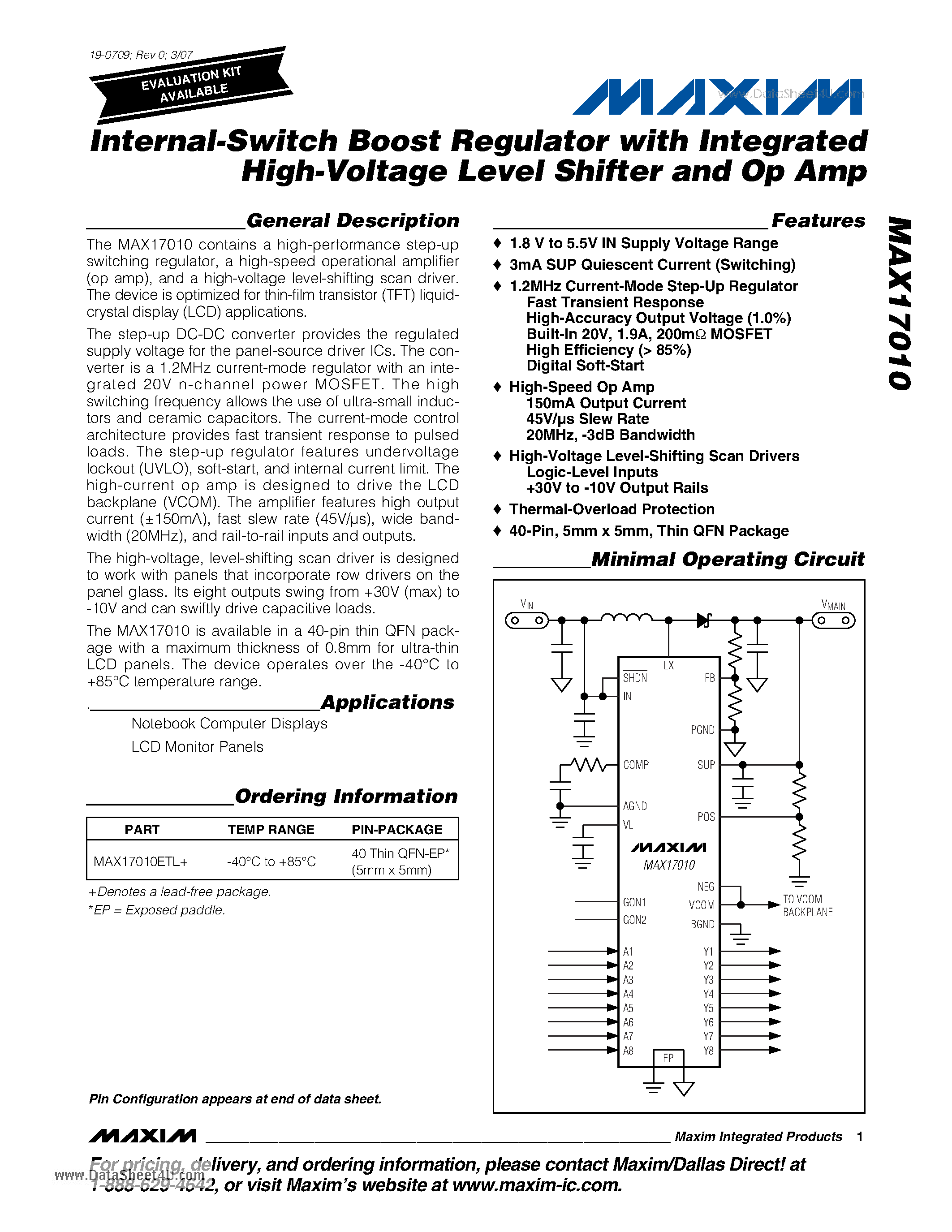 Datasheet MAX17010 page 1 Datasheet MAX17010 - Internal-Switch Boost Regulator page 1