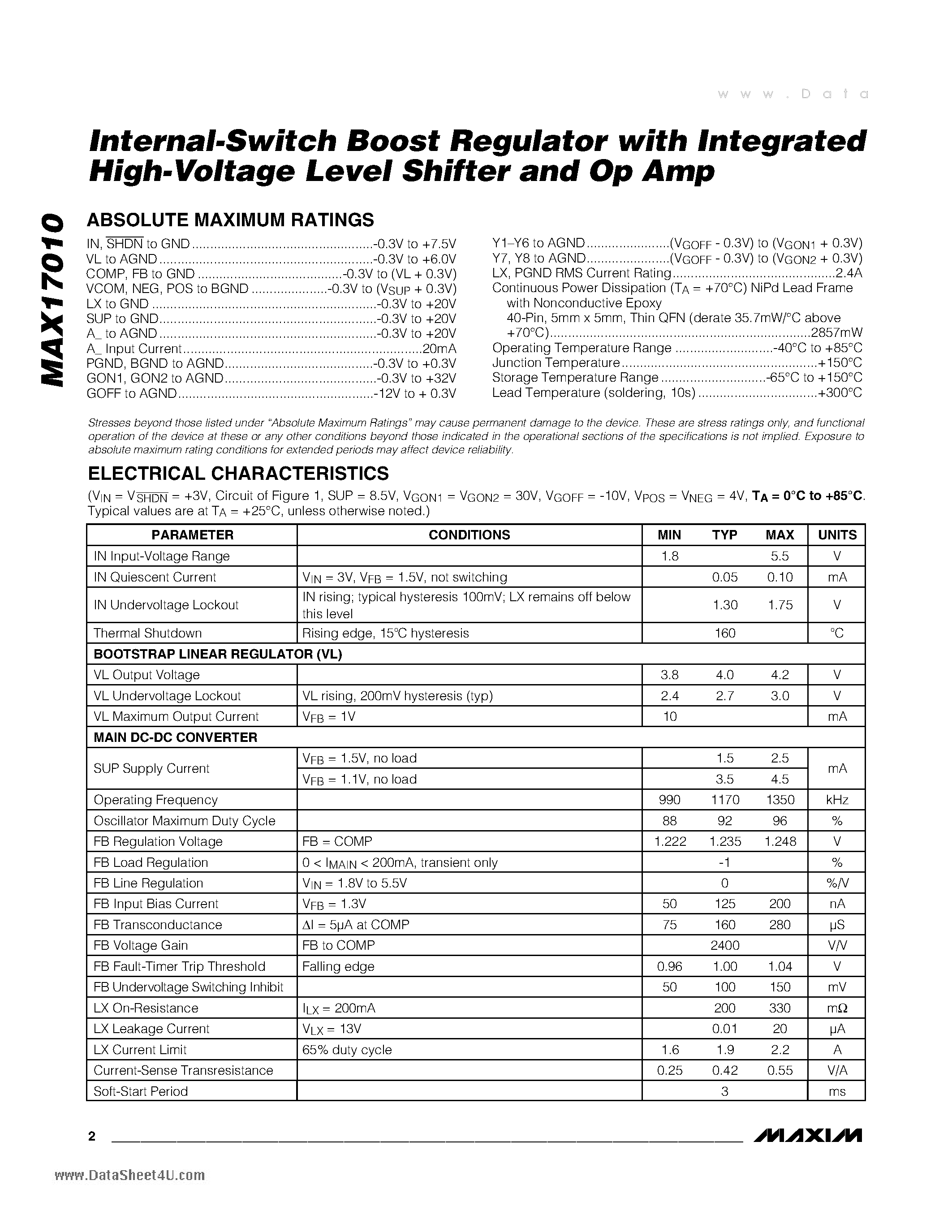 Datasheet MAX17010 page 2 Datasheet MAX17010 - Internal-Switch Boost Regulator page 2