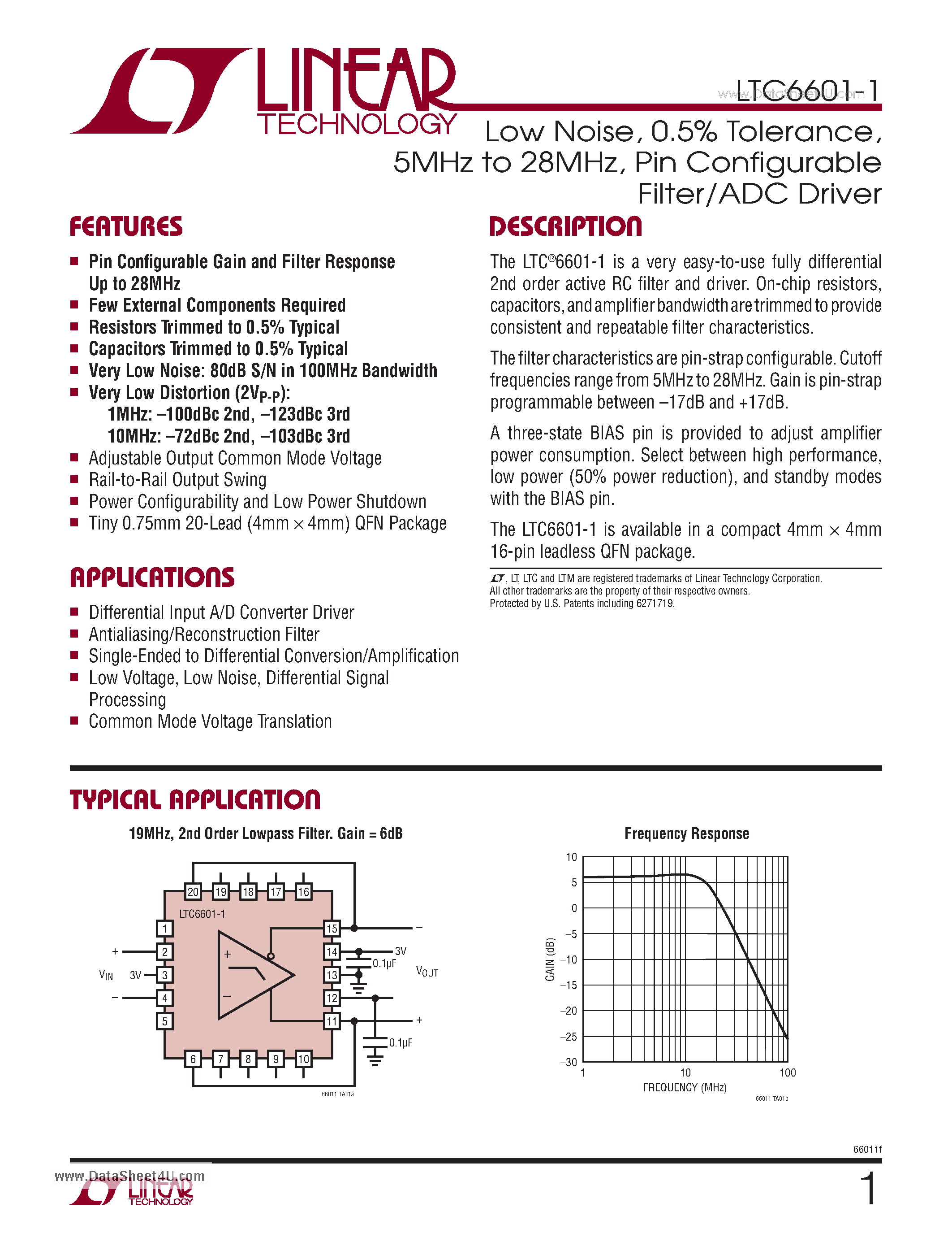 Datasheet LTC6601-1 - Filter/ADC Driver page 1