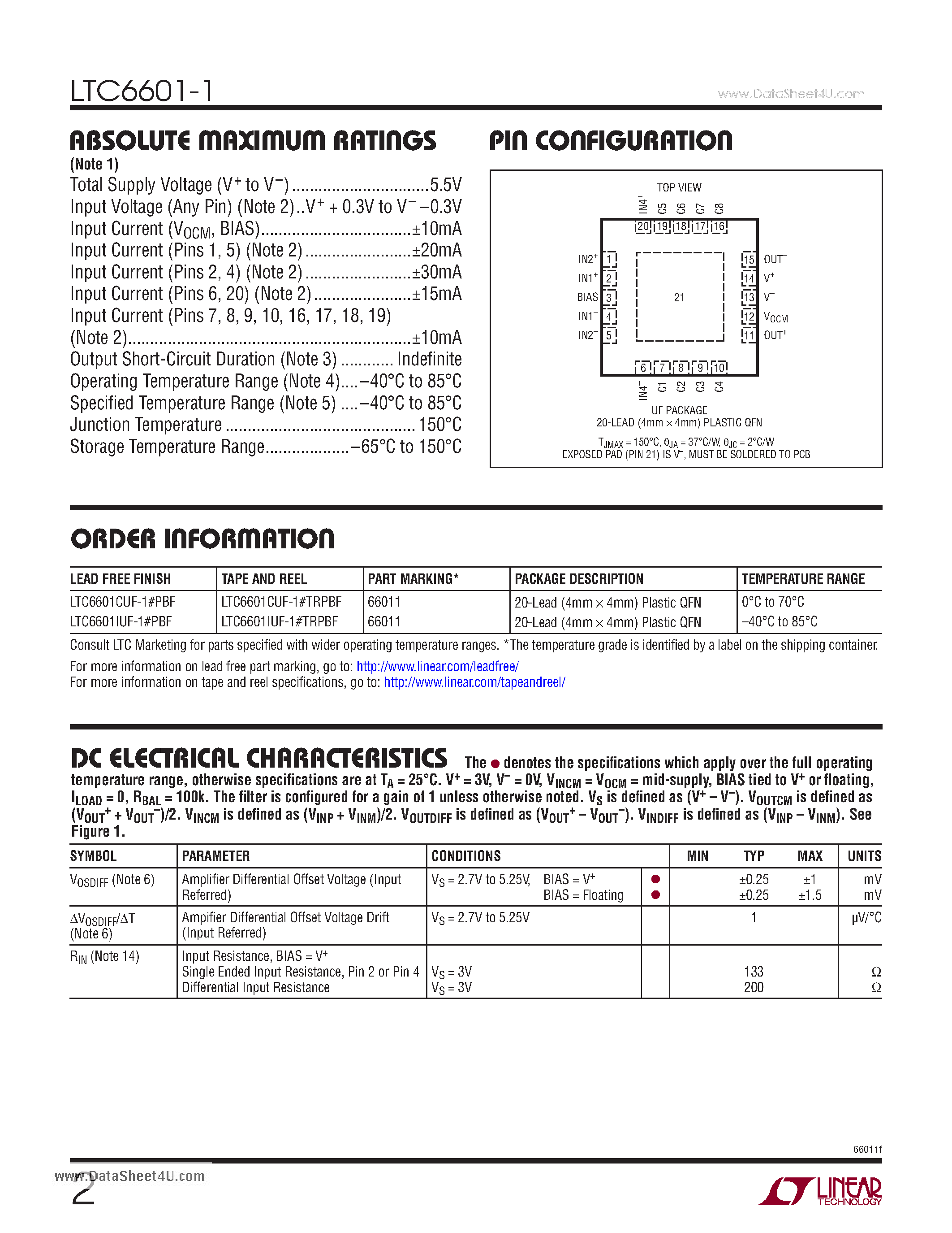 Datasheet LTC6601-1 - Filter/ADC Driver page 2