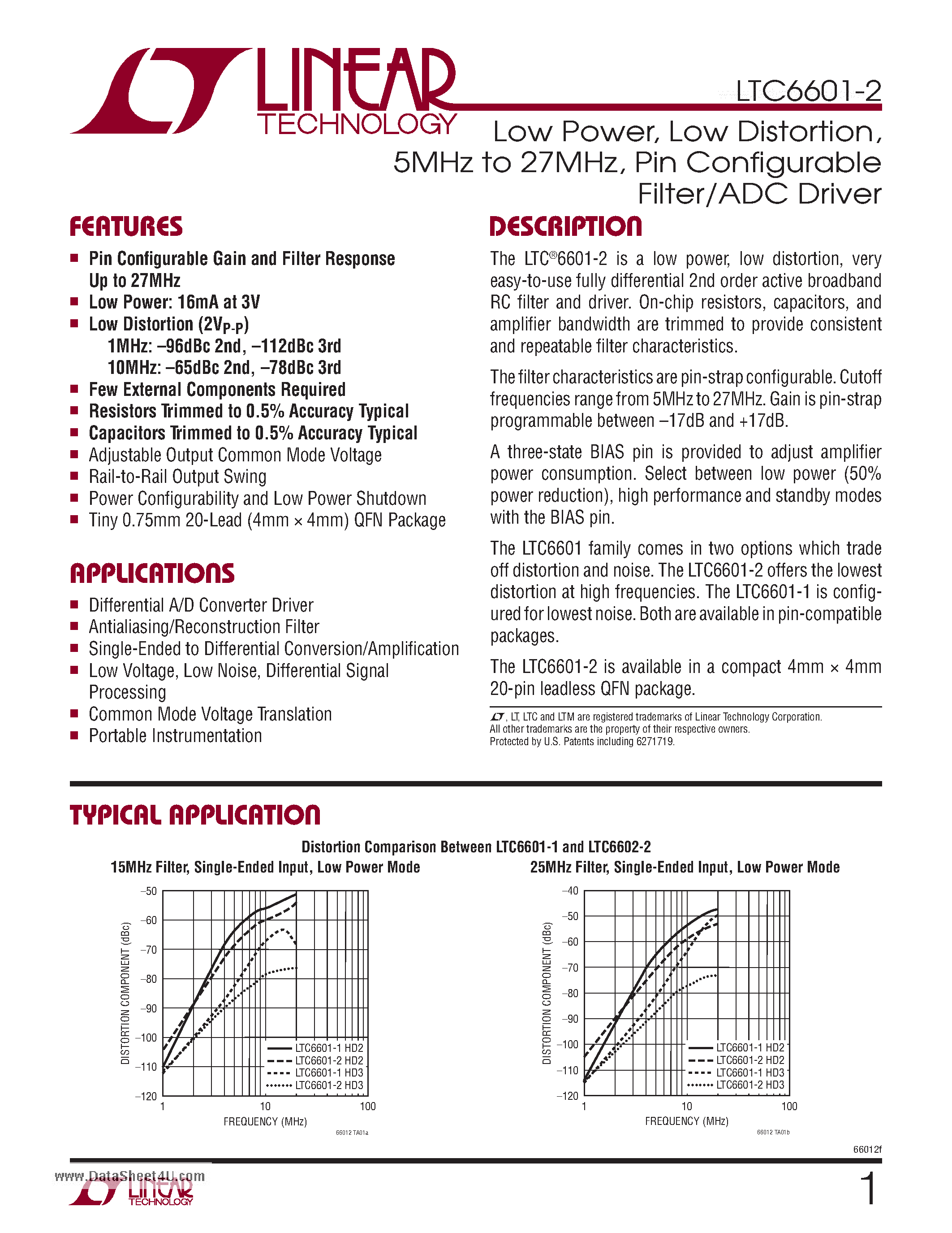 Datasheet LTC6601-2 page 1 Datasheet LTC6601-2 - Filter/ADC Driver page 1